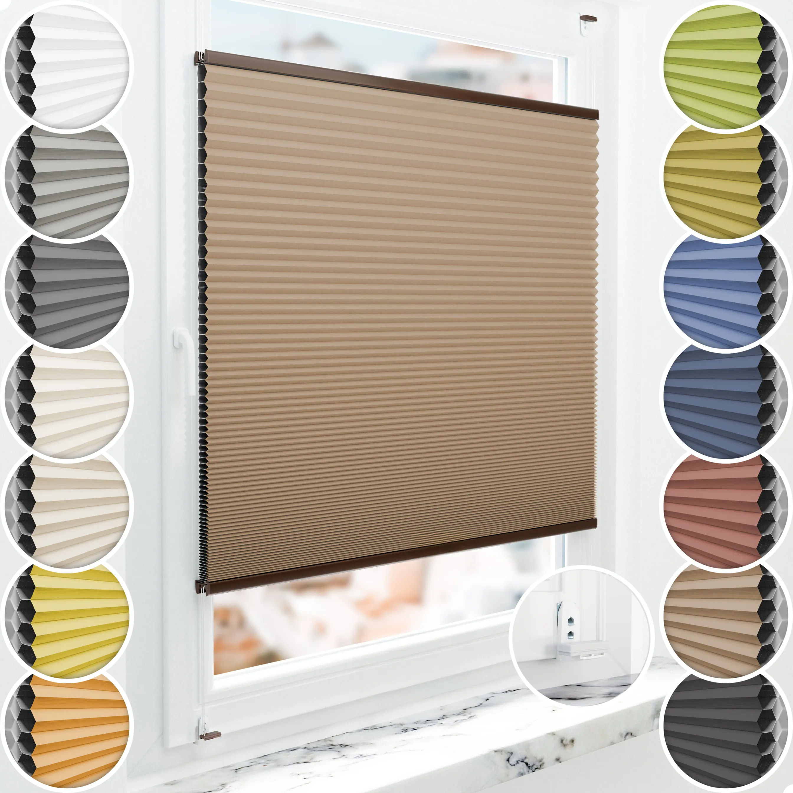 Schuette® Wabenplissee mit Bohren nach Maß • Suprafix "Double 2in1" Schraub- & Klemmhalter • Honey Kollektion: Maple Wood (Braun) • Profilfarbe: Braun