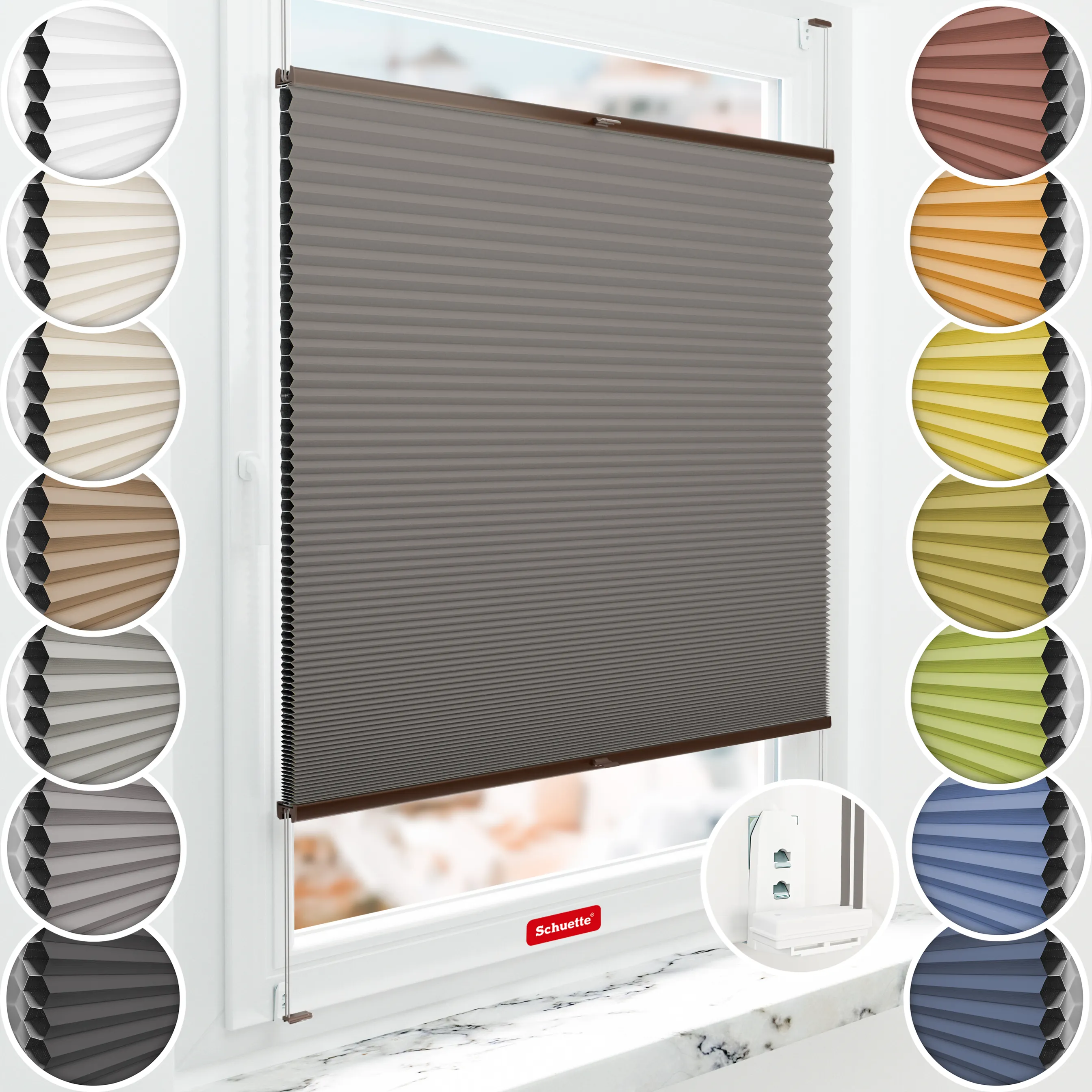 Schuette® Wabenplissee mit Bohren nach Maß • Suprafix "Double 2in1" Schraub- & Klemmhalter• Honey Kollektion: Swiss Chocolate (Taupe) • Profilfarbe: Braun