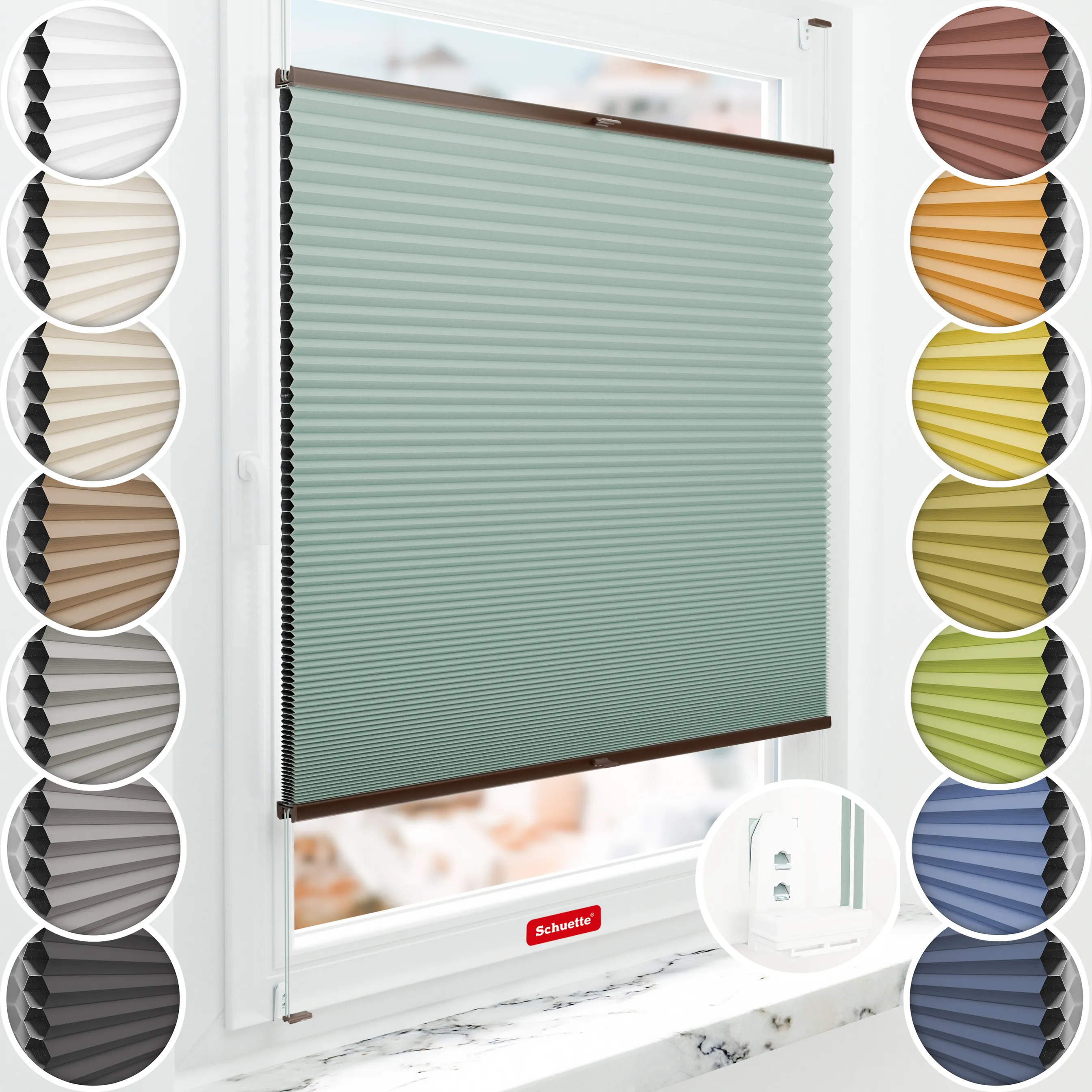 Schuette® Wabenplissee mit Bohren nach Maß • Suprafix "Double 2in1" Schraub- & Klemmhalter • Honey Kollektion: Wicked Emerald (Blassgrün) • Profilfarbe: Braun