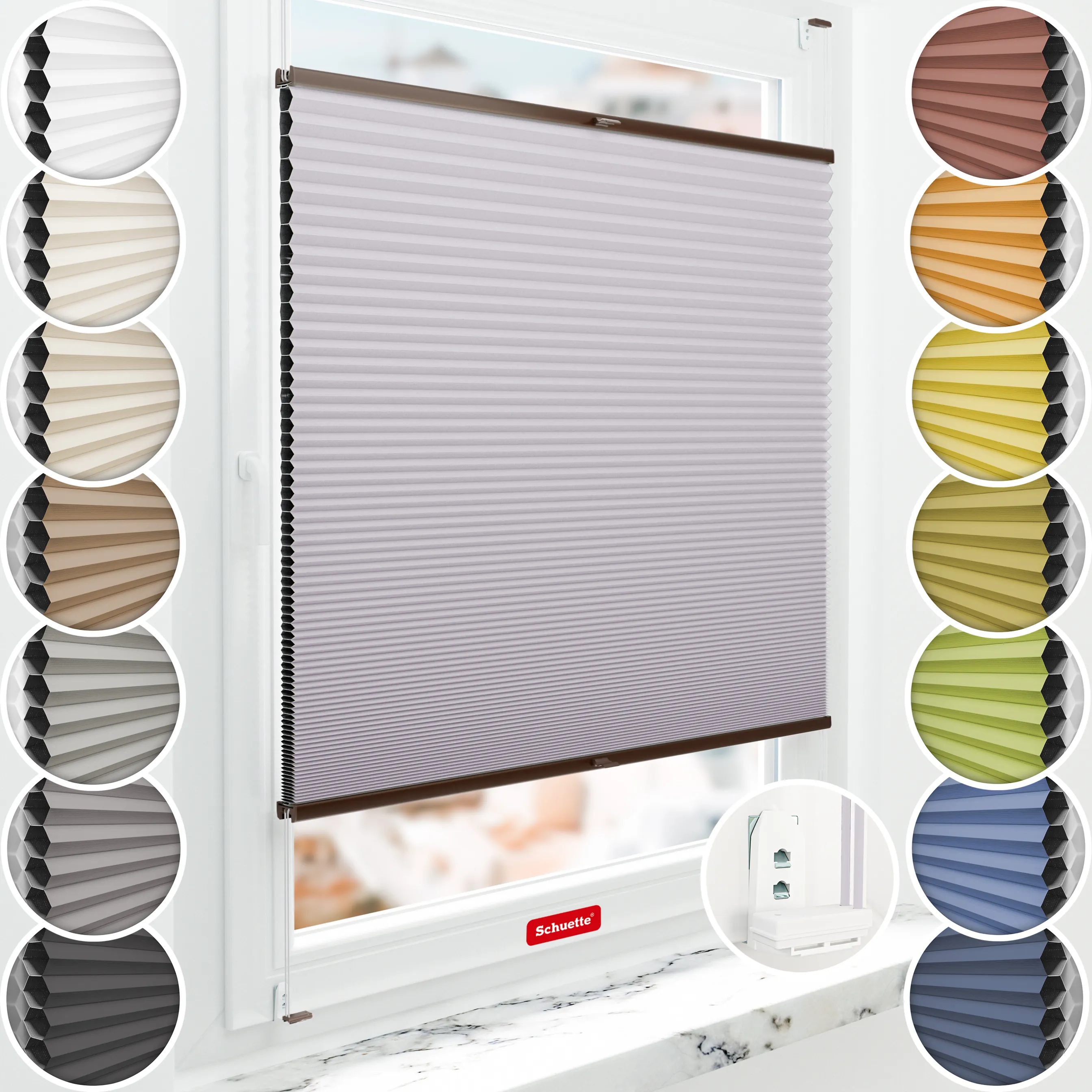 Schuette® Wabenplissee mit Bohren nach Maß • Suprafix "Double 2in1" Schraub- & Klemmhalter• Honey Kollektion: Sakura Sky (Pastelllila) • Profilfarbe: Braun