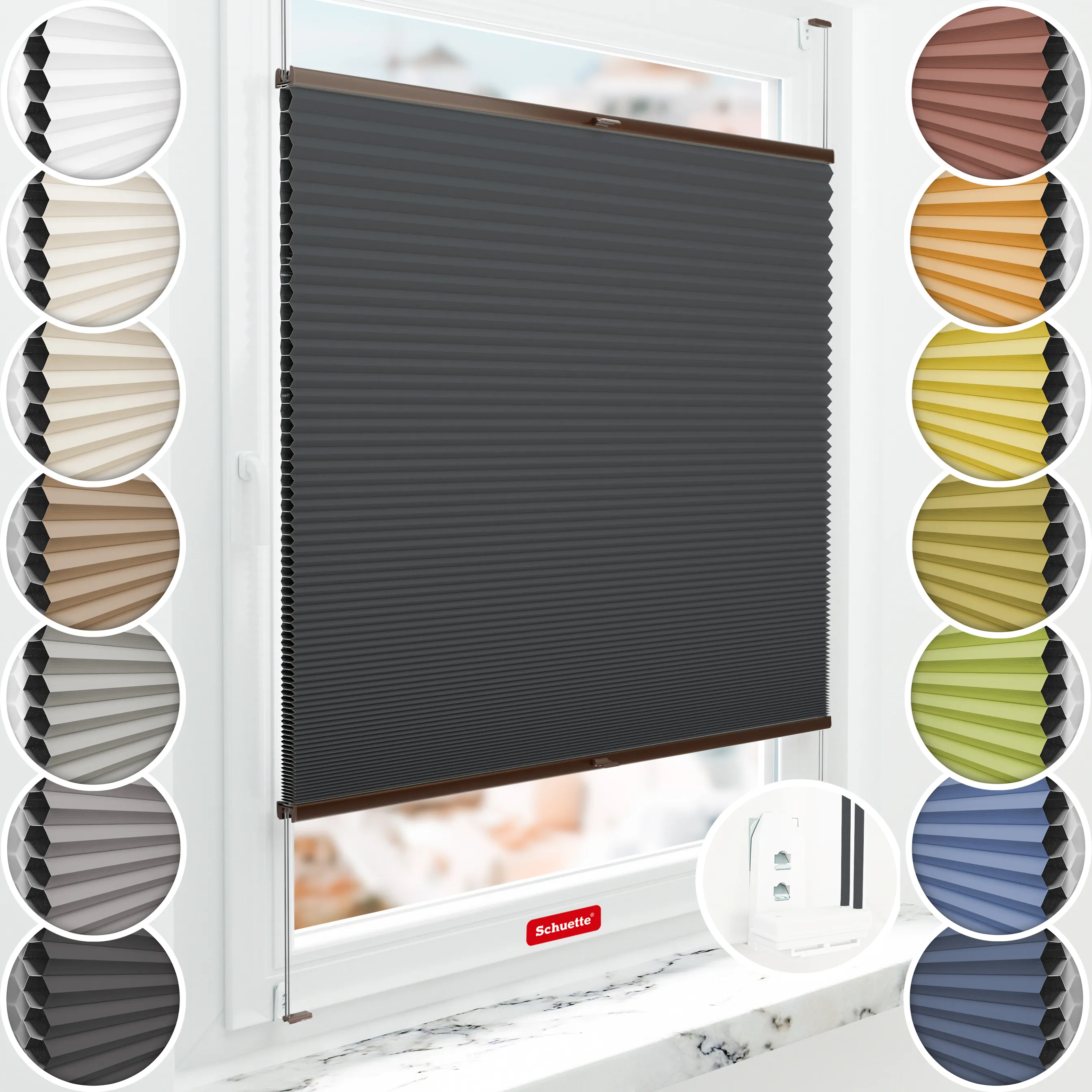 Schuette® Wabenplissee mit Bohren nach Maß • Suprafix "Double 2in1" Schraub- & Klemmhalter • Honey Kollektion: Night Rider (Anthrazit) • Profilfarbe: Braun