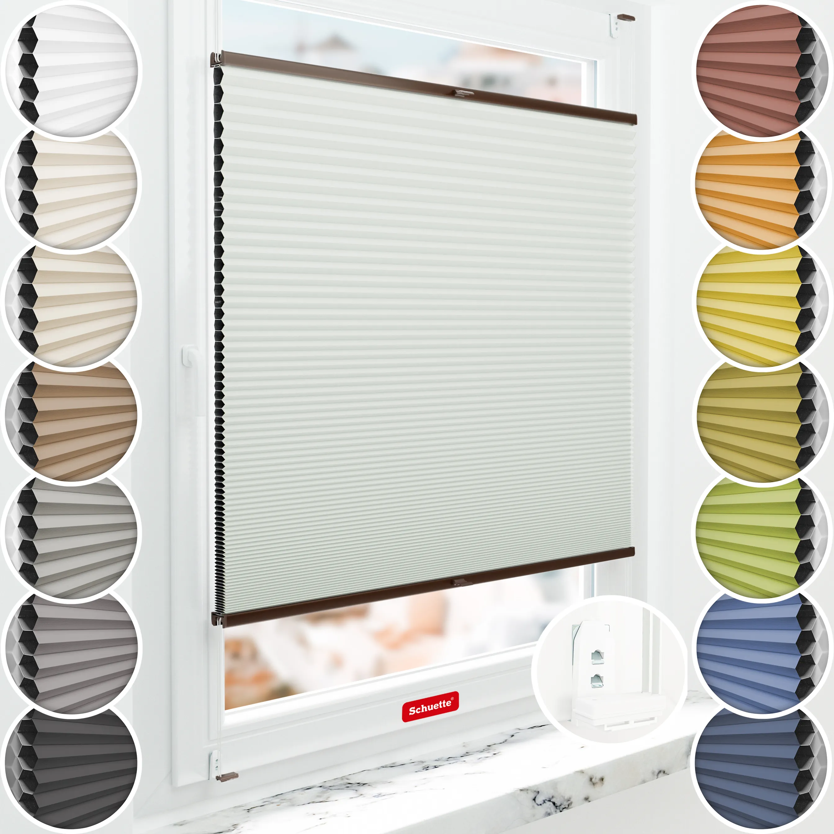 Schuette® Wabenplissee mit Bohren nach Maß • Suprafix "Double 2in1" Schraub- & Klemmhalter • Honey Kollektion: Tinkerbell Twinkle (Pastellgrün) • Profilfarbe: Braun