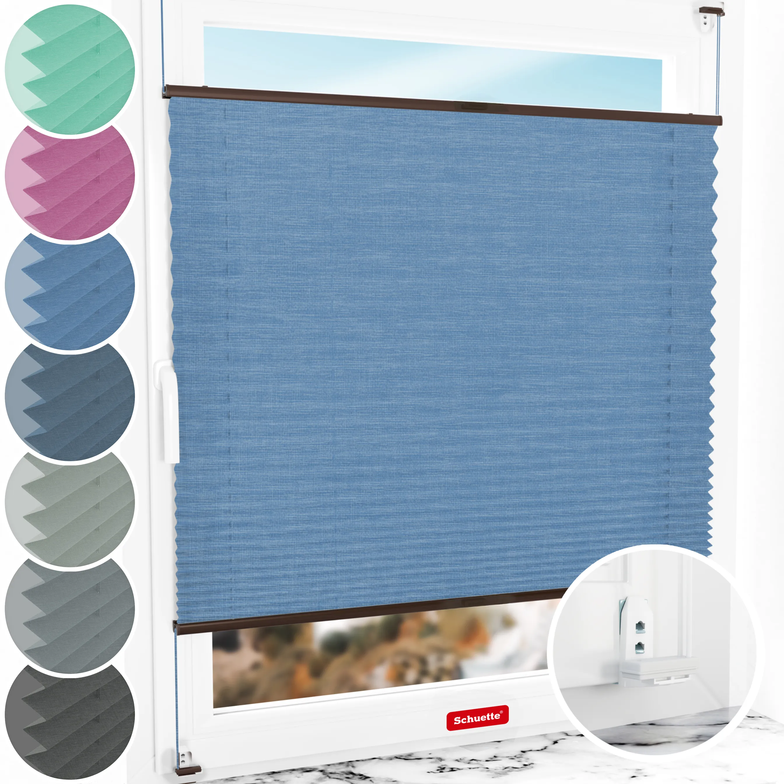 Schuette® Plissee mit Bohren nach Maß • Suprafix "Double 2in1" Schraub- & Klemmhalter • Melange Kollektion: Deep Sea (Blau) • Profilfarbe: Braun