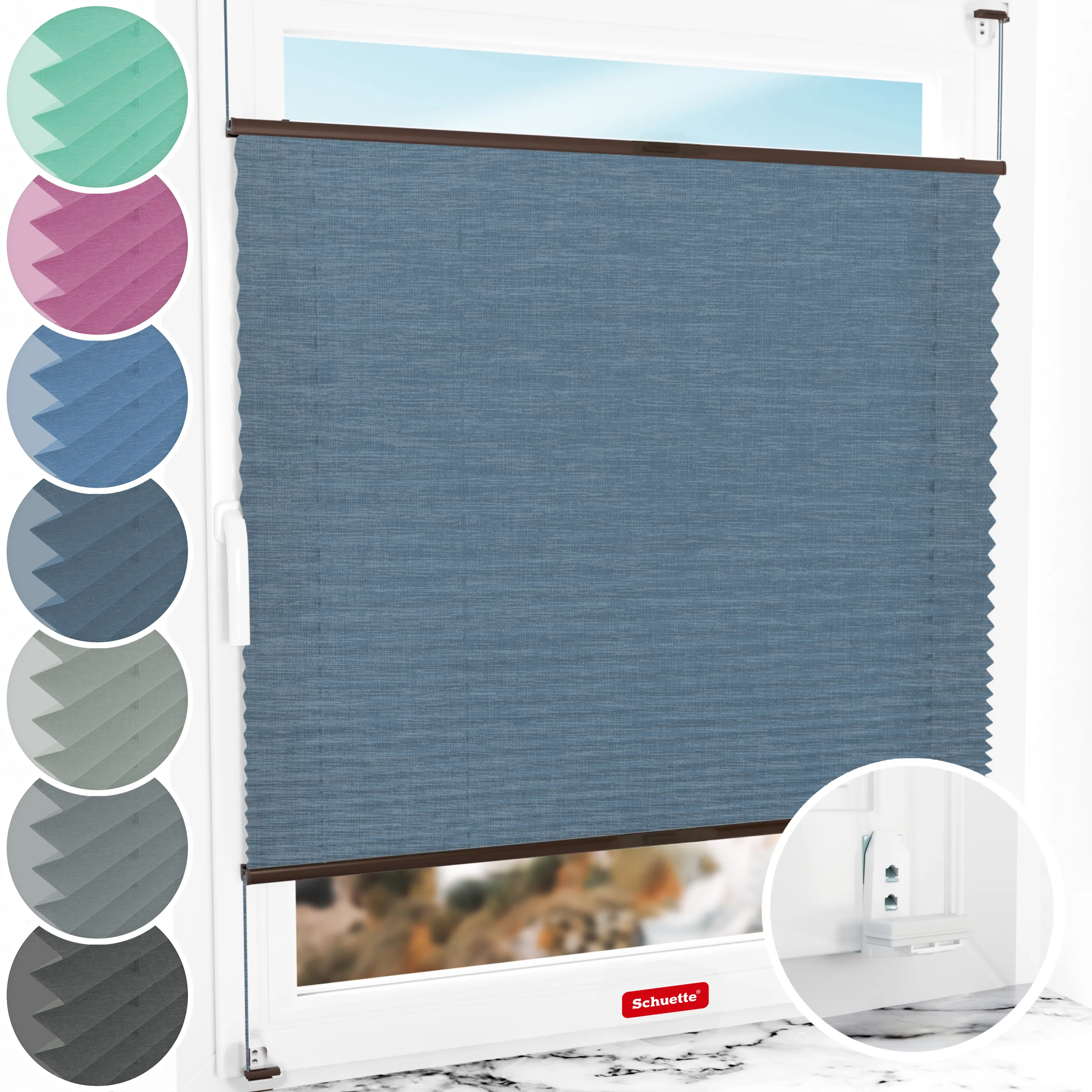 Schuette® Plissee mit Bohren nach Maß • Suprafix "Double 2in1" Schraub- & Klemmhalter • Melange Kollektion: After Rain (Blau) • Profilfarbe: Braun