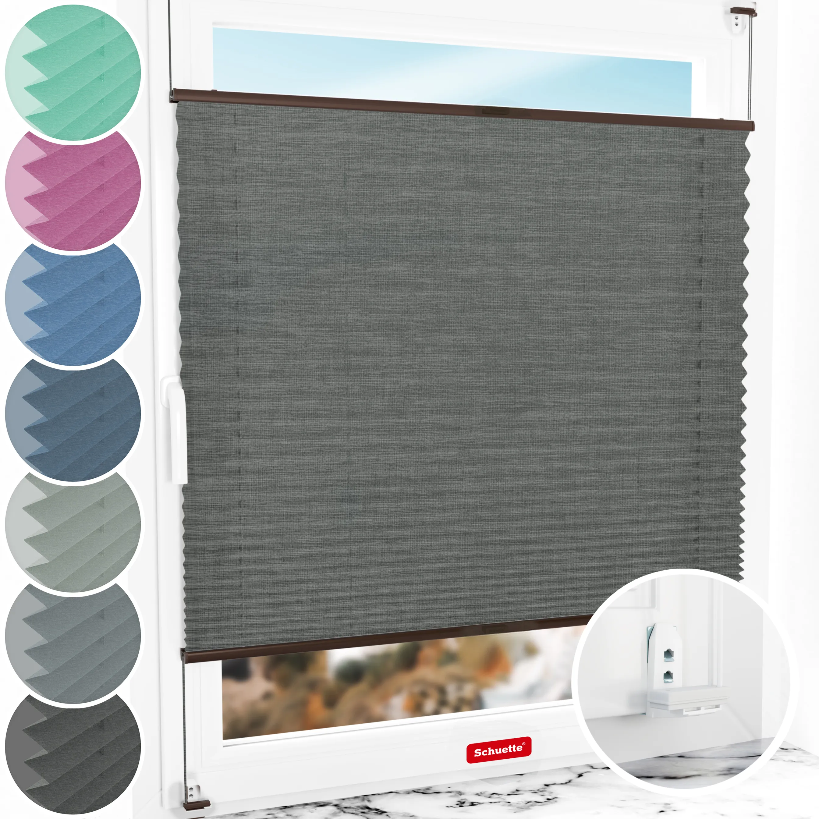 Schuette® Plissee mit Bohren nach Maß • Suprafix "Double 2in1" Schraub- & Klemmhalter • Melange Kollektion: Black Pearl (Schwarz) • Profilfarbe: Braun