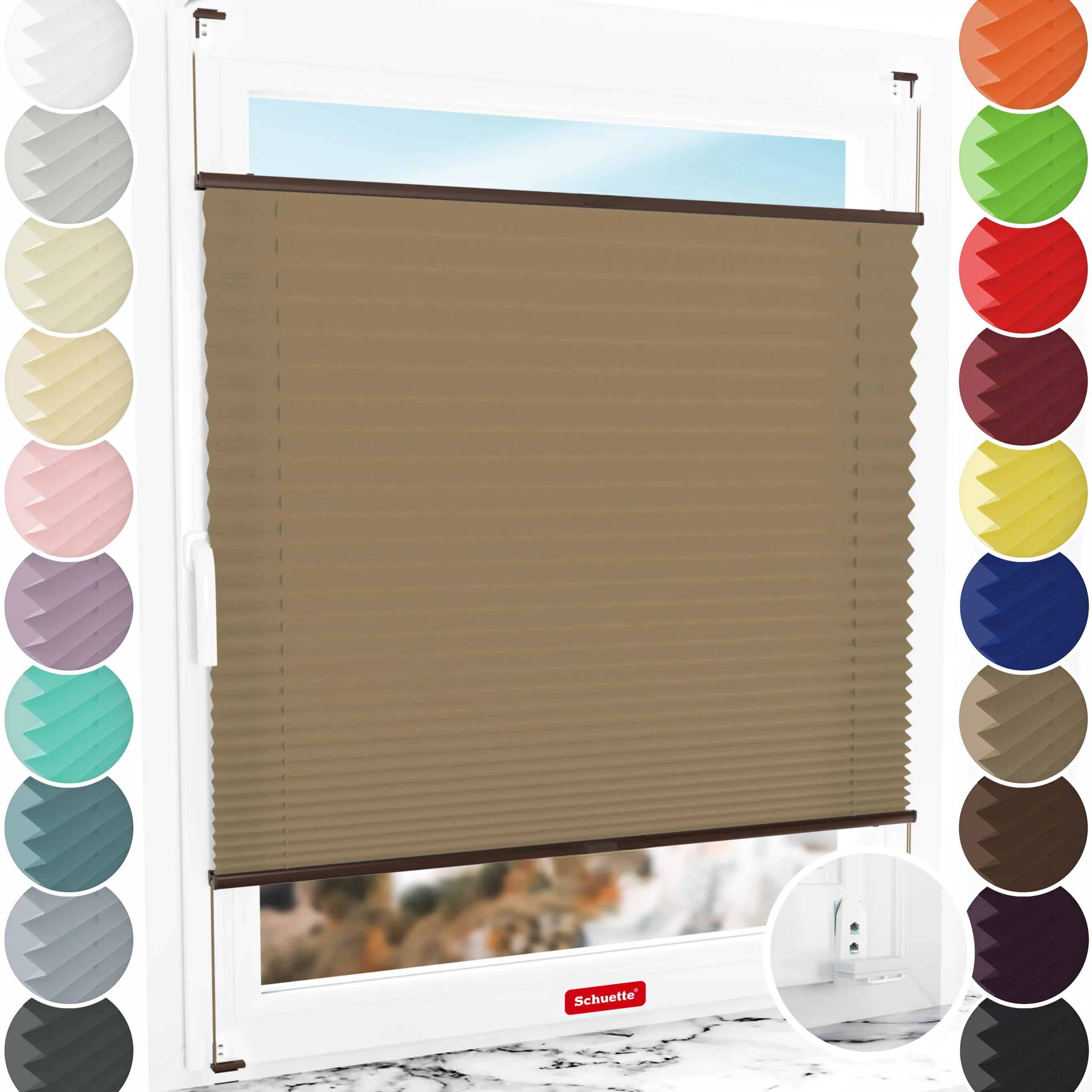 Schuette® Plissee mit Bohren nach Maß • Suprafix "Double 2in1" Schraub- & Klemmhalter • Premium Kollektion: Morning Coffee (Hellbraun) • Profilfarbe: Braun