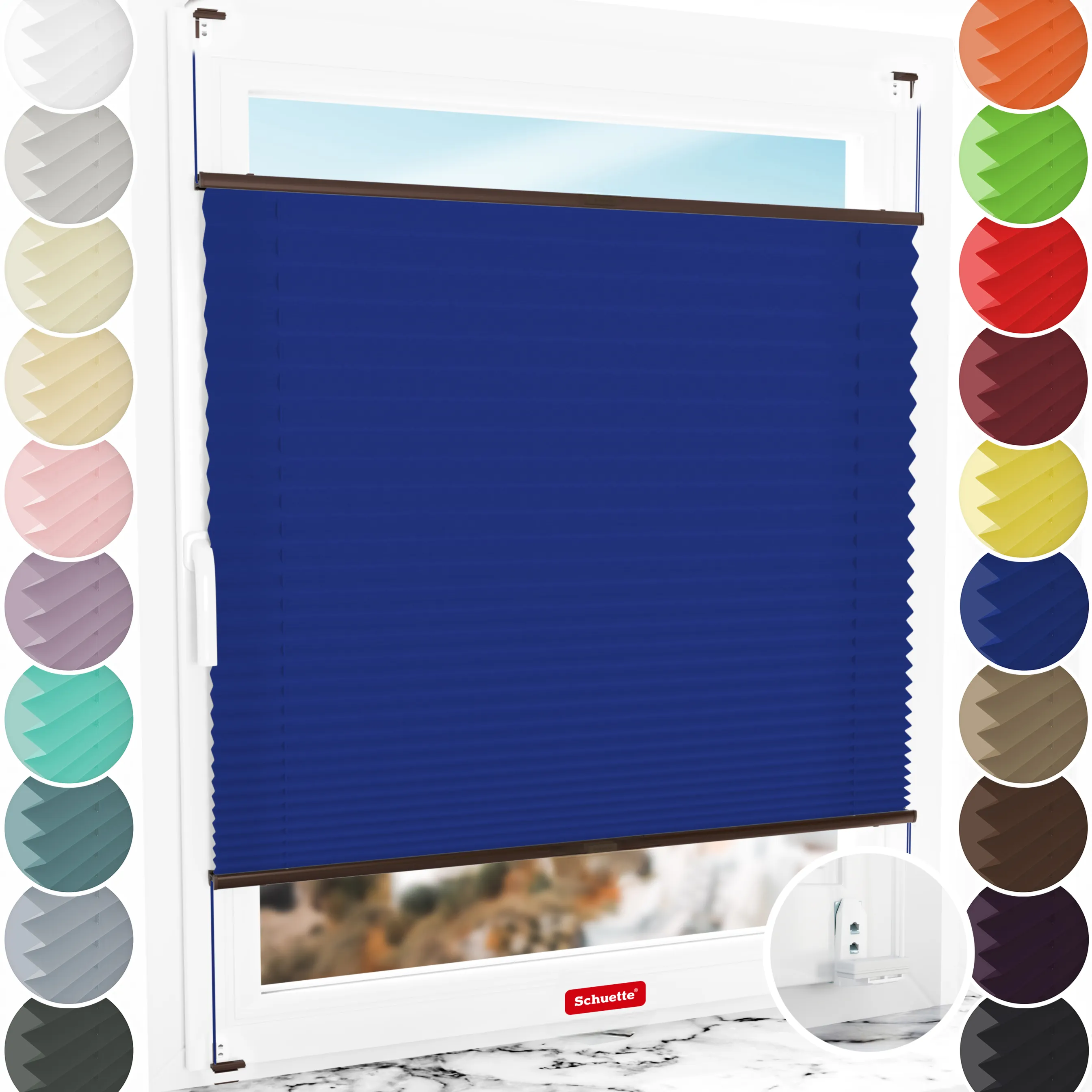 Schuette® Plissee mit Bohren nach Maß • Suprafix "Double 2in1" Schraub- & Klemmhalter • Premium Kollektion: Deep Lagoon (Blau) • Profilfarbe: Braun