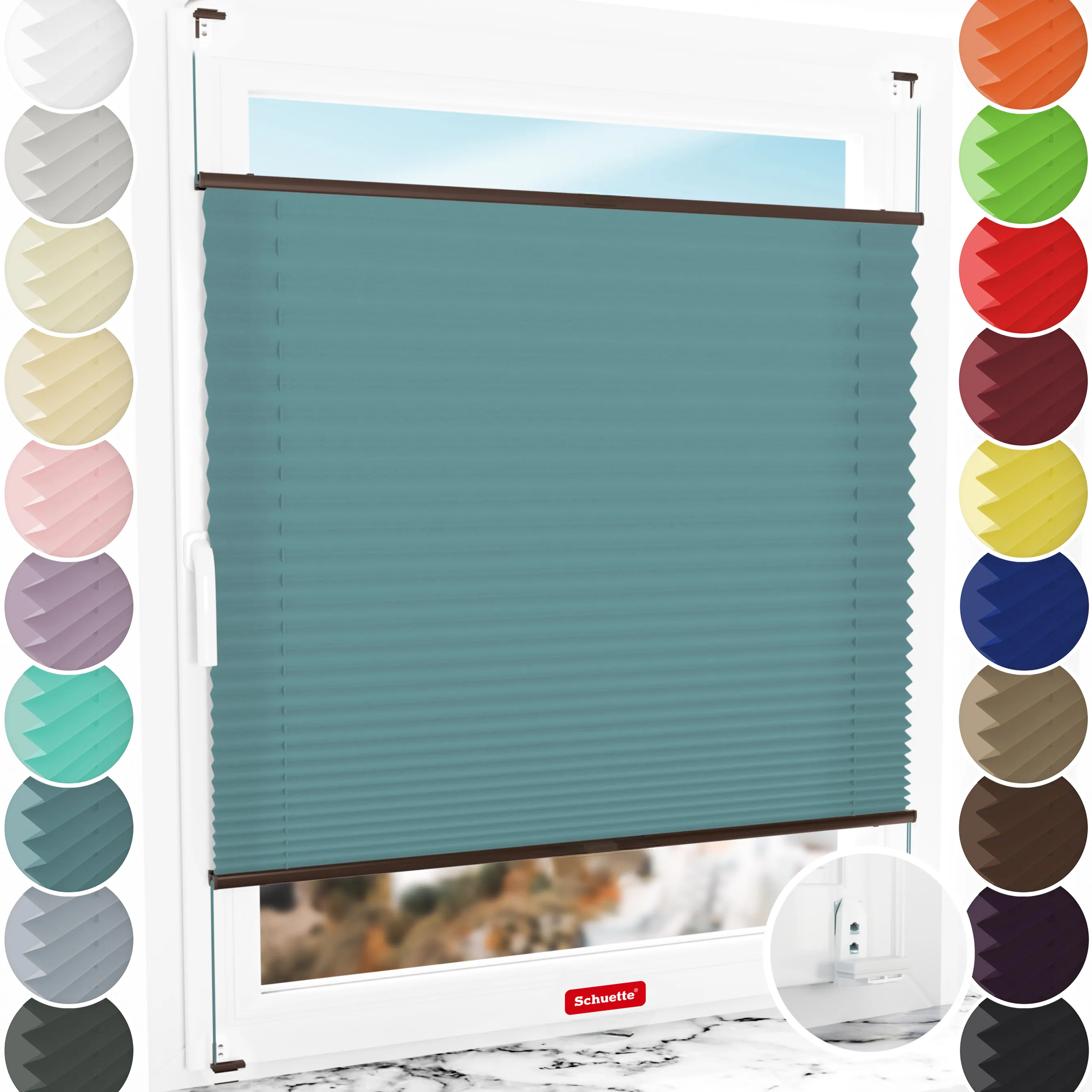 Schuette® Plissee mit Bohren nach Maß • Suprafix "Double 2in1" Schraub- & Klemmhalter • Premium Kollektion: Cove Calm (Taubenblau) • Profilfarbe: Braun