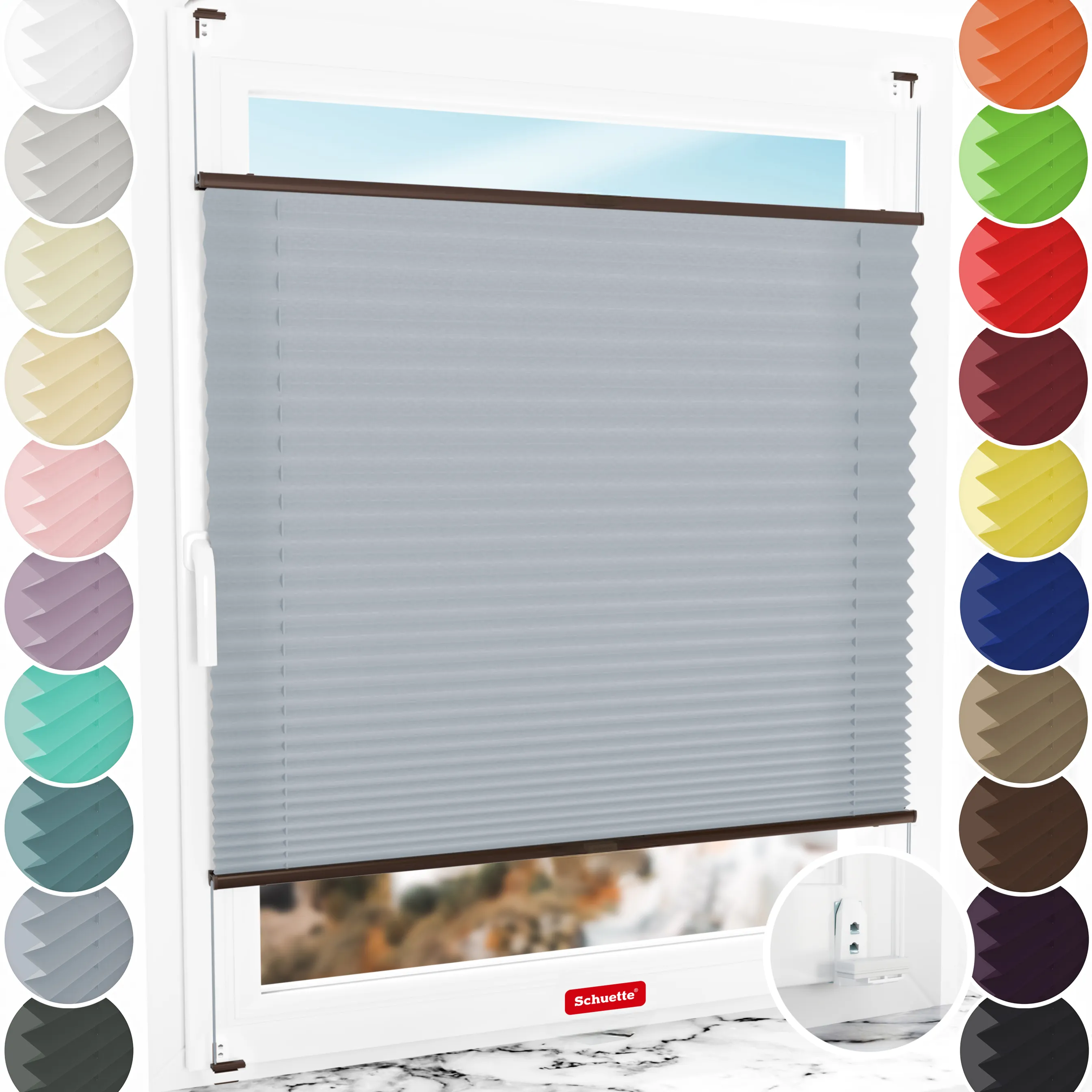 Schuette® Plissee mit Bohren nach Maß • Suprafix "Double 2in1" Schraub- & Klemmhalter • Premium Kollektion: Silver Sonata (Grau) • Profilfarbe: Braun