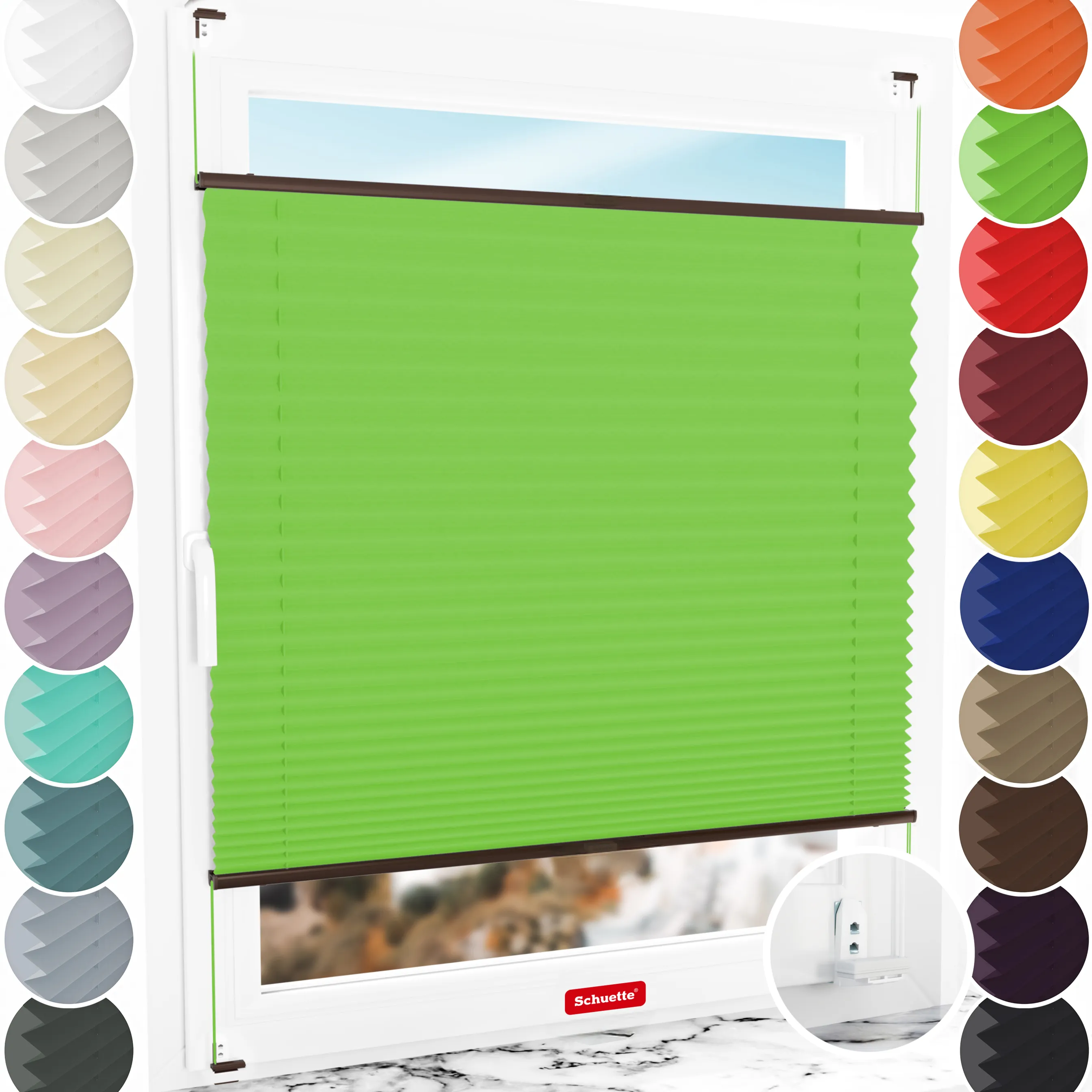 Schuette® Plissee mit Bohren nach Maß • Suprafix "Double 2in1" Schraub- & Klemmhalter • Thermo Kollektion: Leaf Joy (Grün) • Profilfarbe: Braun