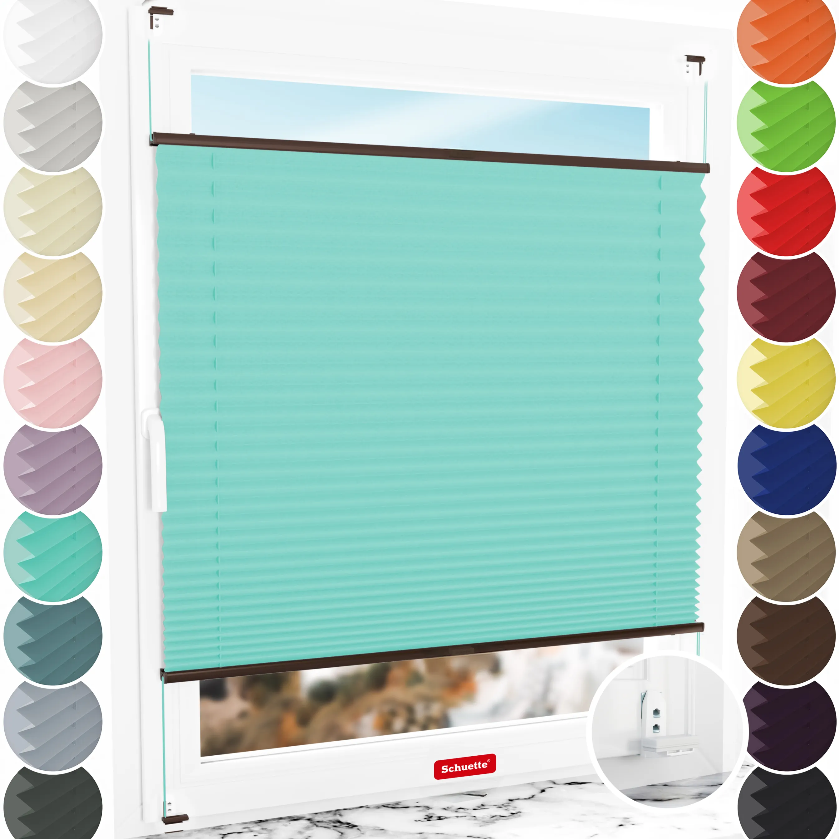 Schuette® Plissee mit Bohren nach Maß • Suprafix "Double 2in1" Schraub- & Klemmhalter • Thermo Kollektion: Tide Tune (Türkis) • Profilfarbe: Braun