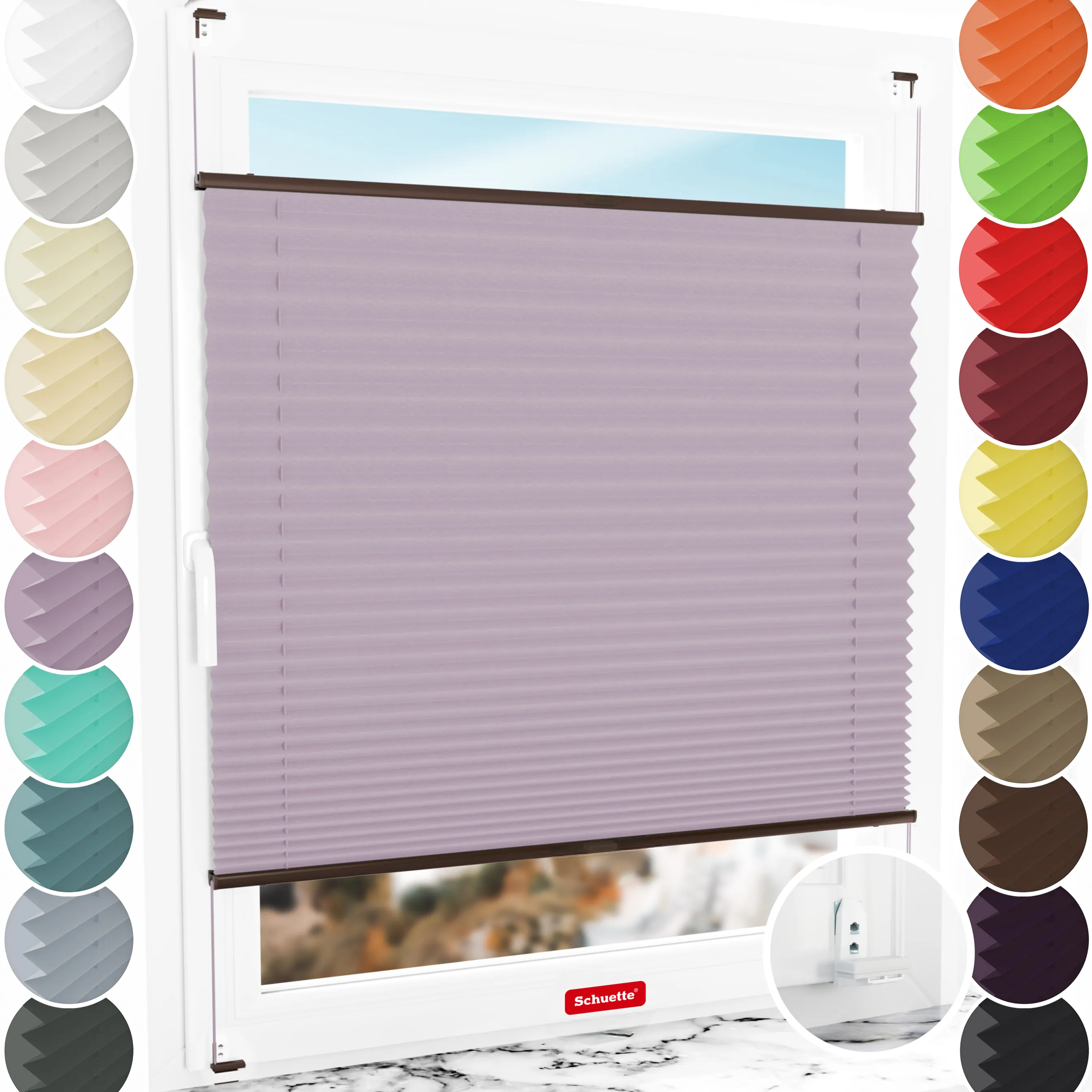 Schuette® Plissee mit Bohren nach Maß • Suprafix "Double 2in1" Schraub- & Klemmhalter • Thermo Kollektion: Pastel Grape (Lila) • Profilfarbe: Braun
