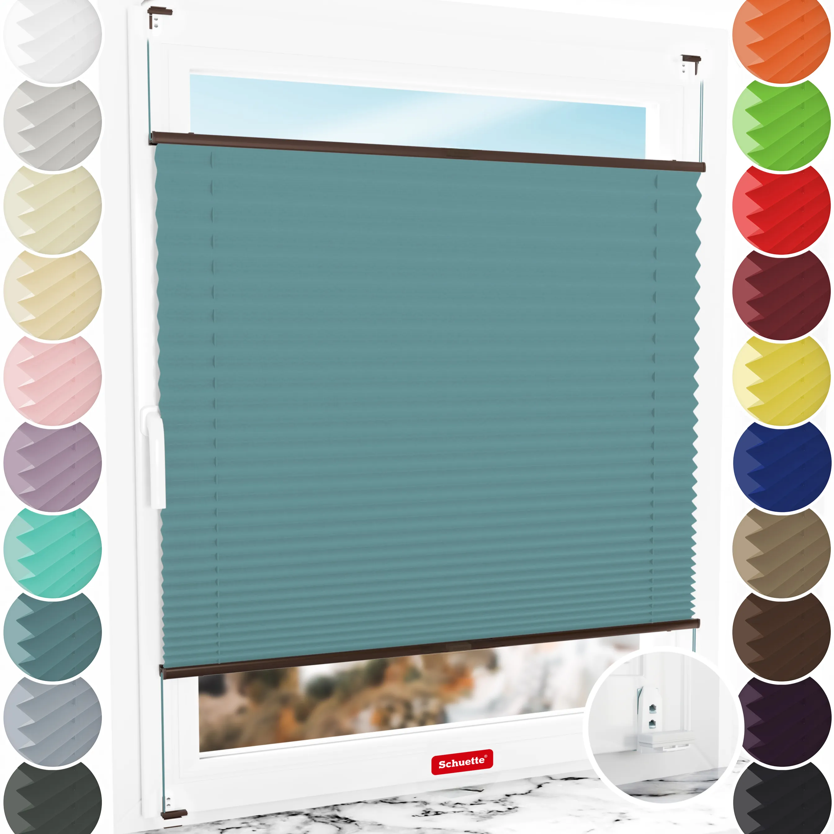 Schuette® Plissee mit Bohren nach Maß • Suprafix "Double 2in1" Schraub- & Klemmhalter • Thermo Kollektion: Teal Aura (Türkis) • Profilfarbe: Braun