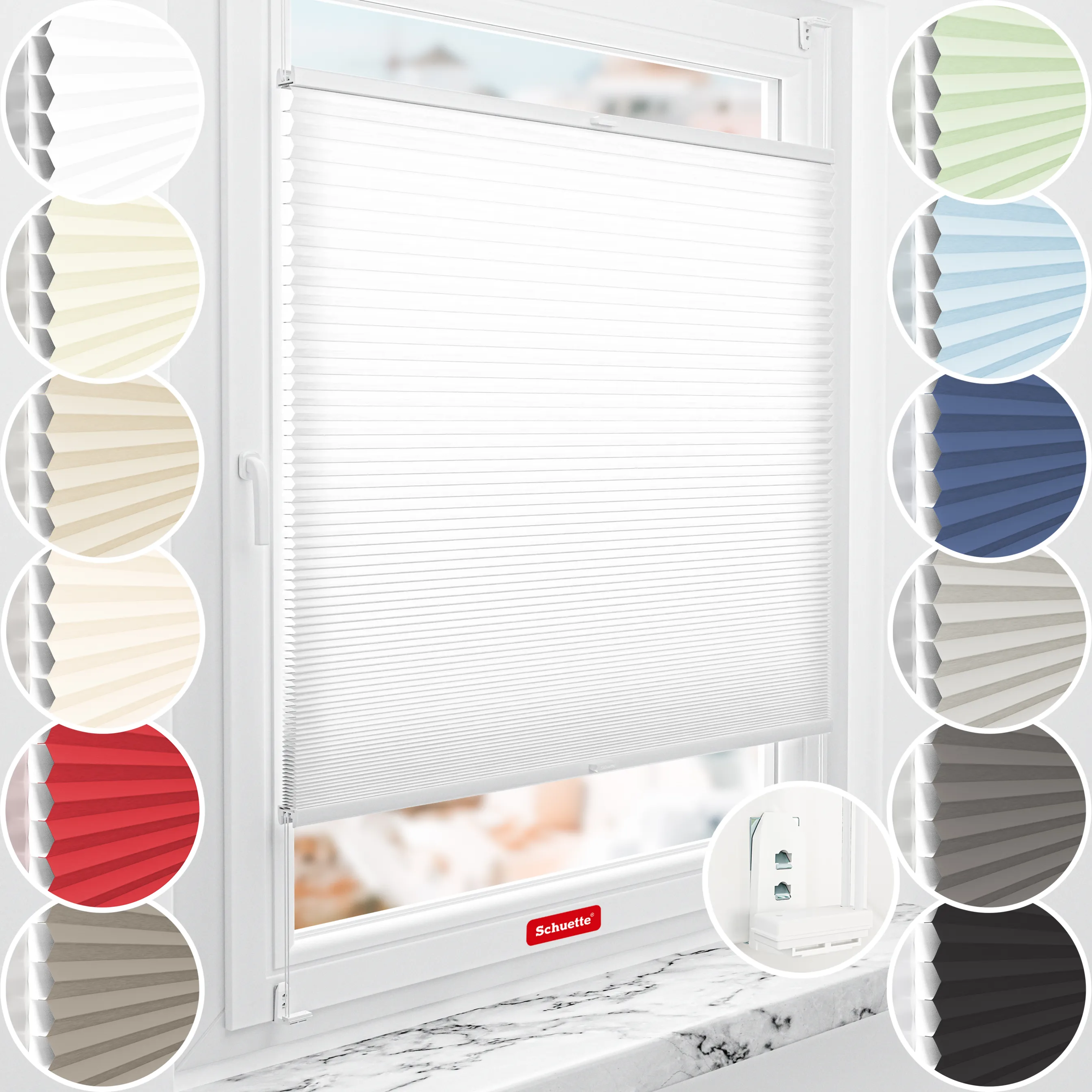 Schuette® Wabenplissee mit Bohren nach Maß • Suprafix "Double 2in1" Schraub- & Klemmhalter • Thermo x Honey Kollektion: Coconut Kiss (Weiß) • Profilfarbe: Eiche