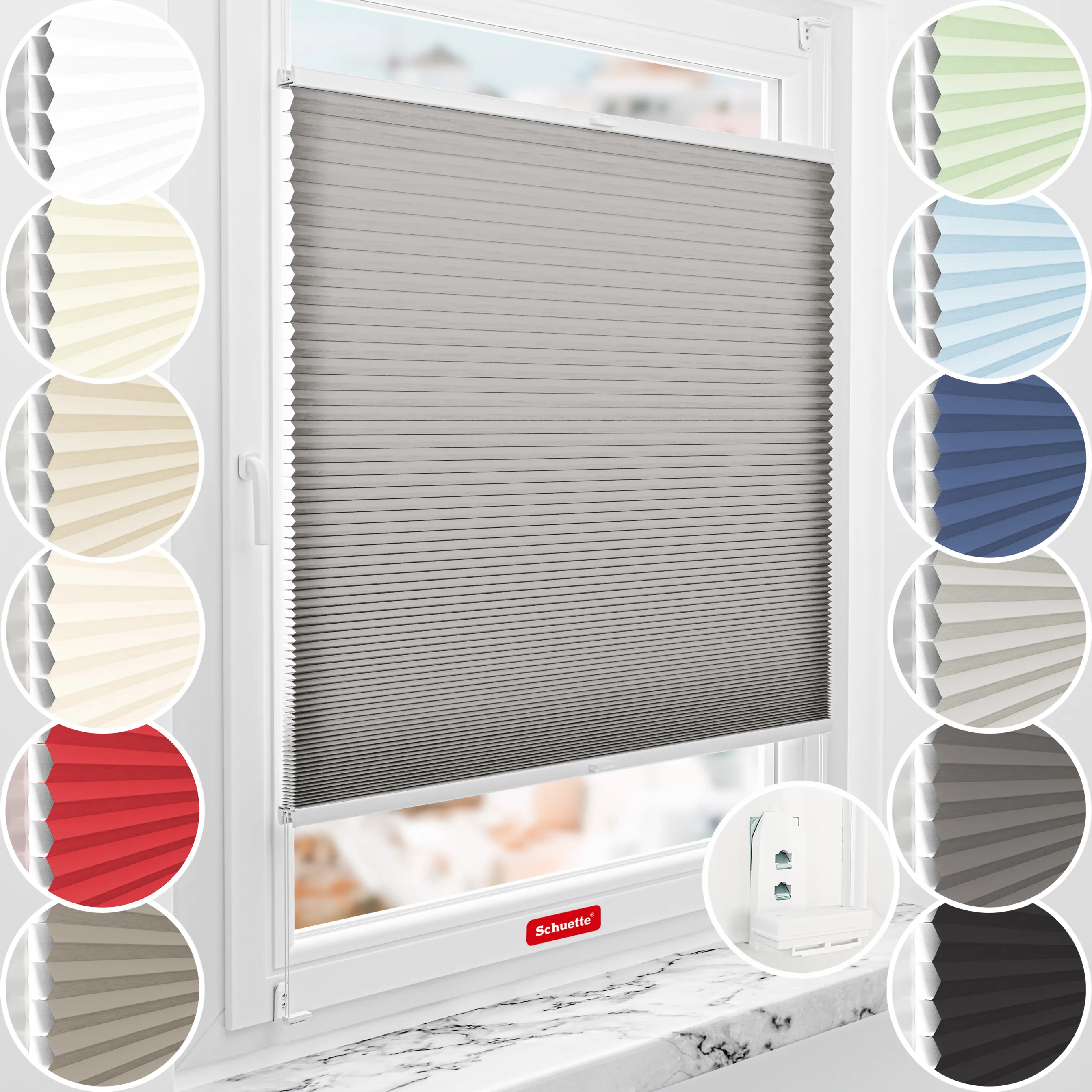 Schuette® Wabenplissee mit Bohren nach Maß • Suprafix "Double 2in1" Schraub- & Klemmhalter • Thermo x Honey Kollektion: Overbaked (Grau) • Profilfarbe: Braun