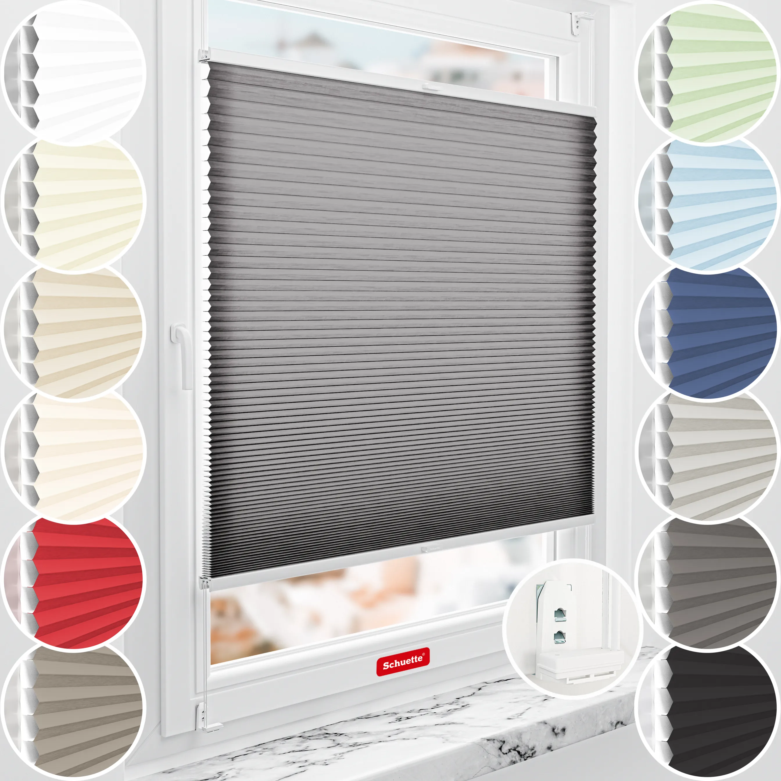 Schuette® Wabenplissee mit Bohren nach Maß • Suprafix "Double 2in1" Schraub- & Klemmhalter • Thermo x Honey Kollektion: Midnight Snack (Schwarz) • Profilfarbe: Eiche