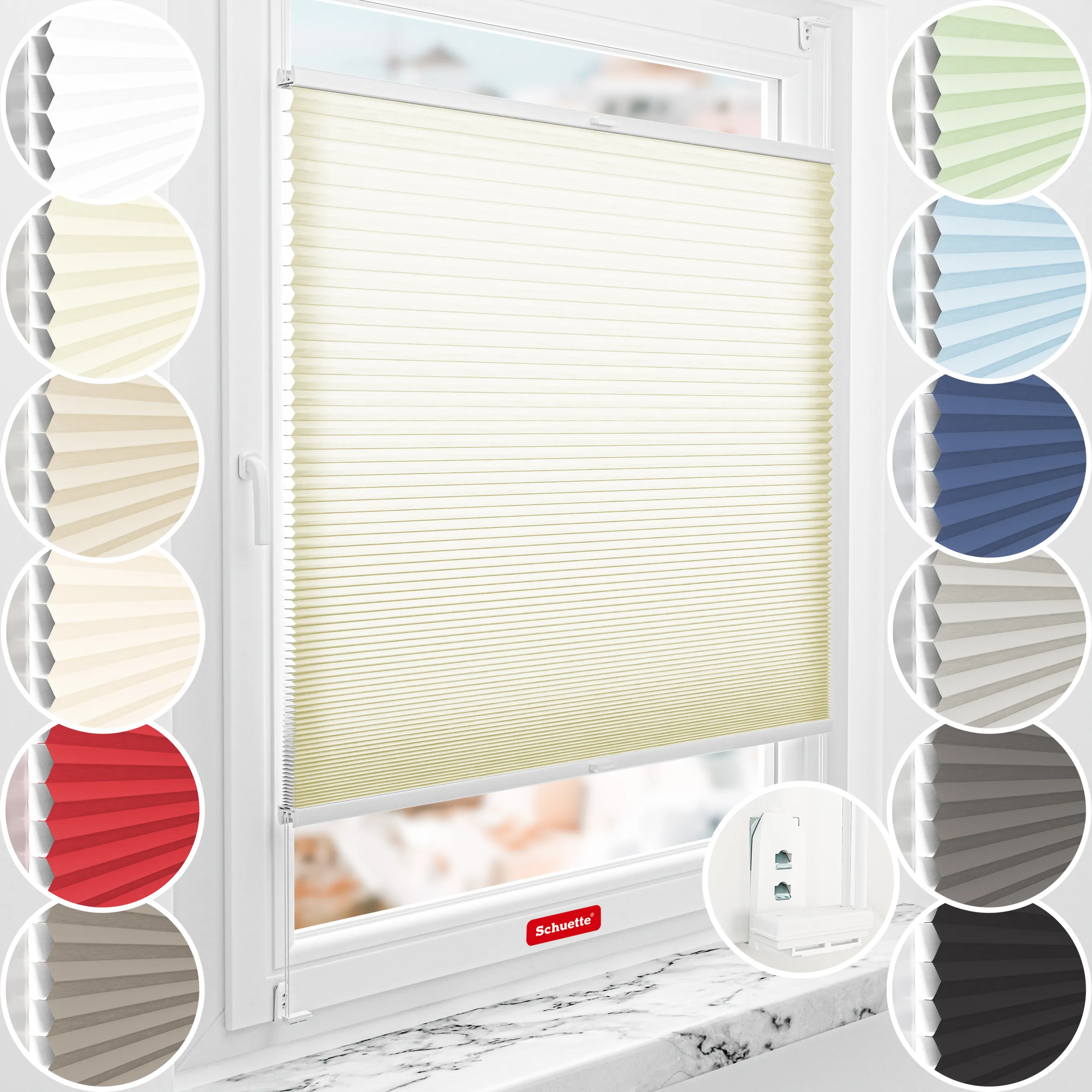 Schuette® Wabenplissee mit Bohren nach Maß • Suprafix "Double 2in1" Schraub- & Klemmhalter • Thermo x Honey Kollektion: Butterlight (Beige) • Profilfarbe: Eiche