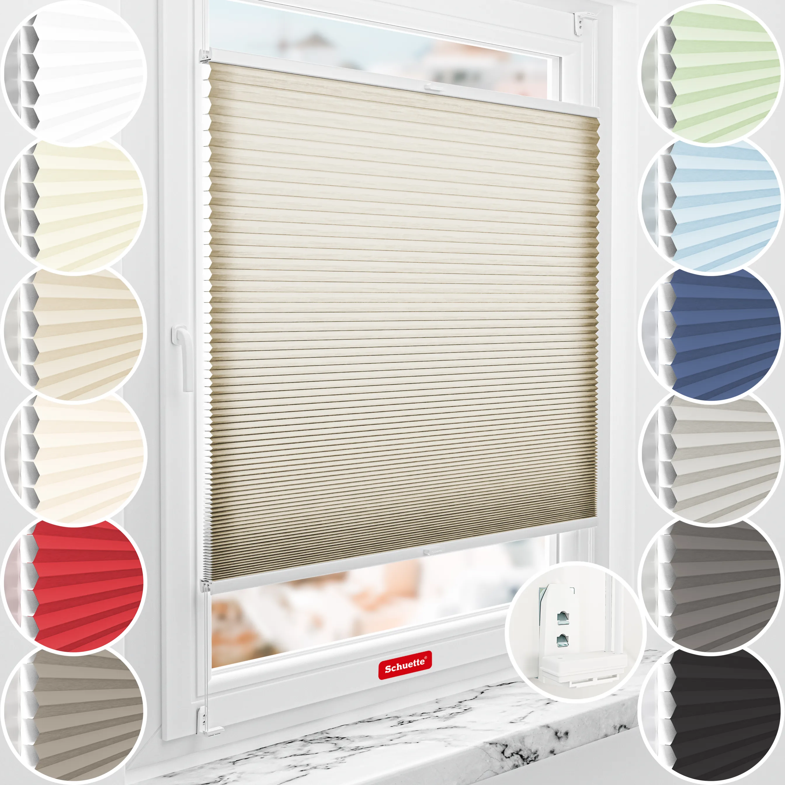 Schuette® Wabenplissee mit Bohren nach Maß • Suprafix "Double 2in1" Schraub- & Klemmhalter • Thermo x Honey Kollektion: Latte Mood (Sandbeige) • Profilfarbe: Eiche