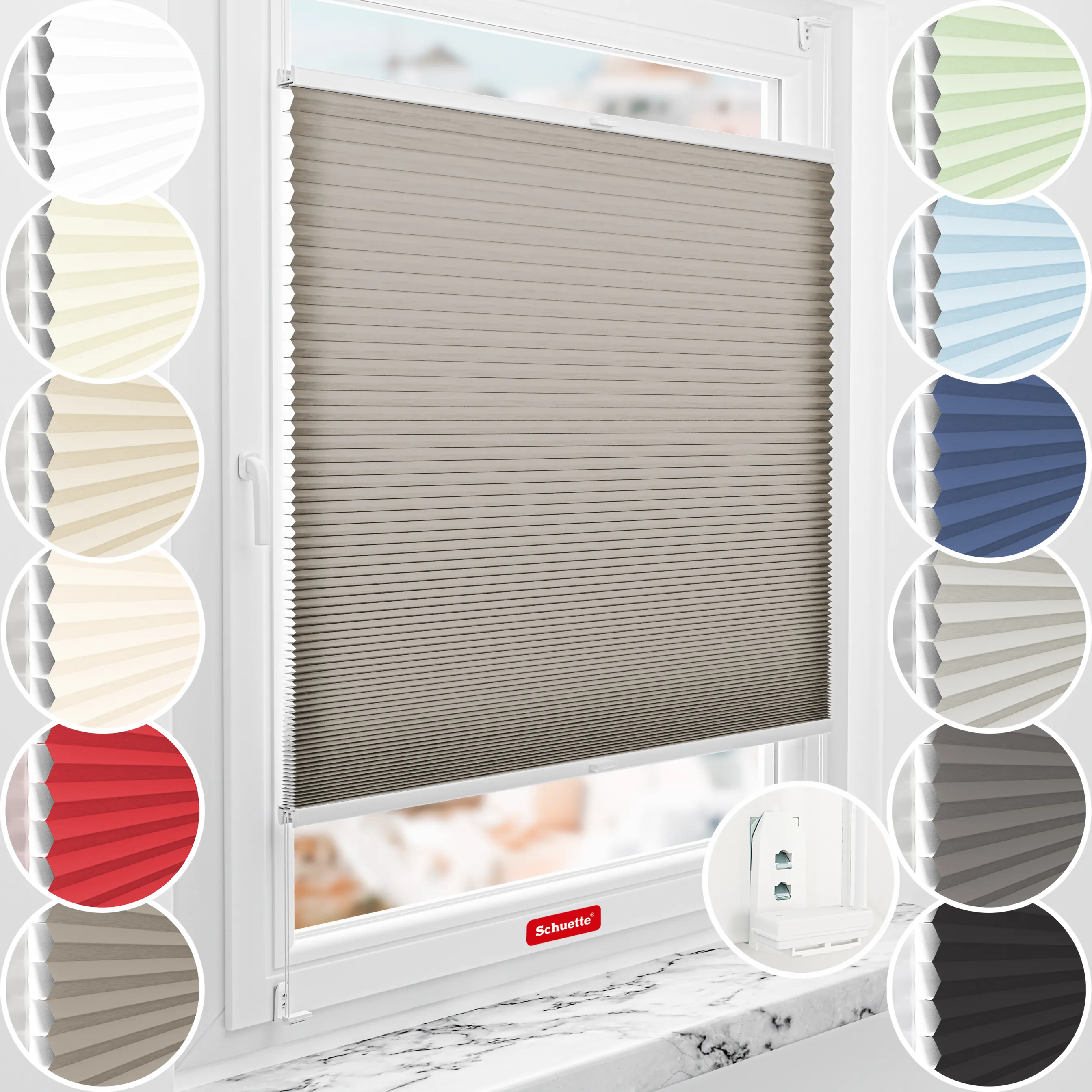 Schuette® Wabenplissee mit Bohren nach Maß • Suprafix "Double 2in1" Schraub- & Klemmhalter • Thermo x Honey Kollektion: Truffle Dust (Taupe) • Profilfarbe: Braun