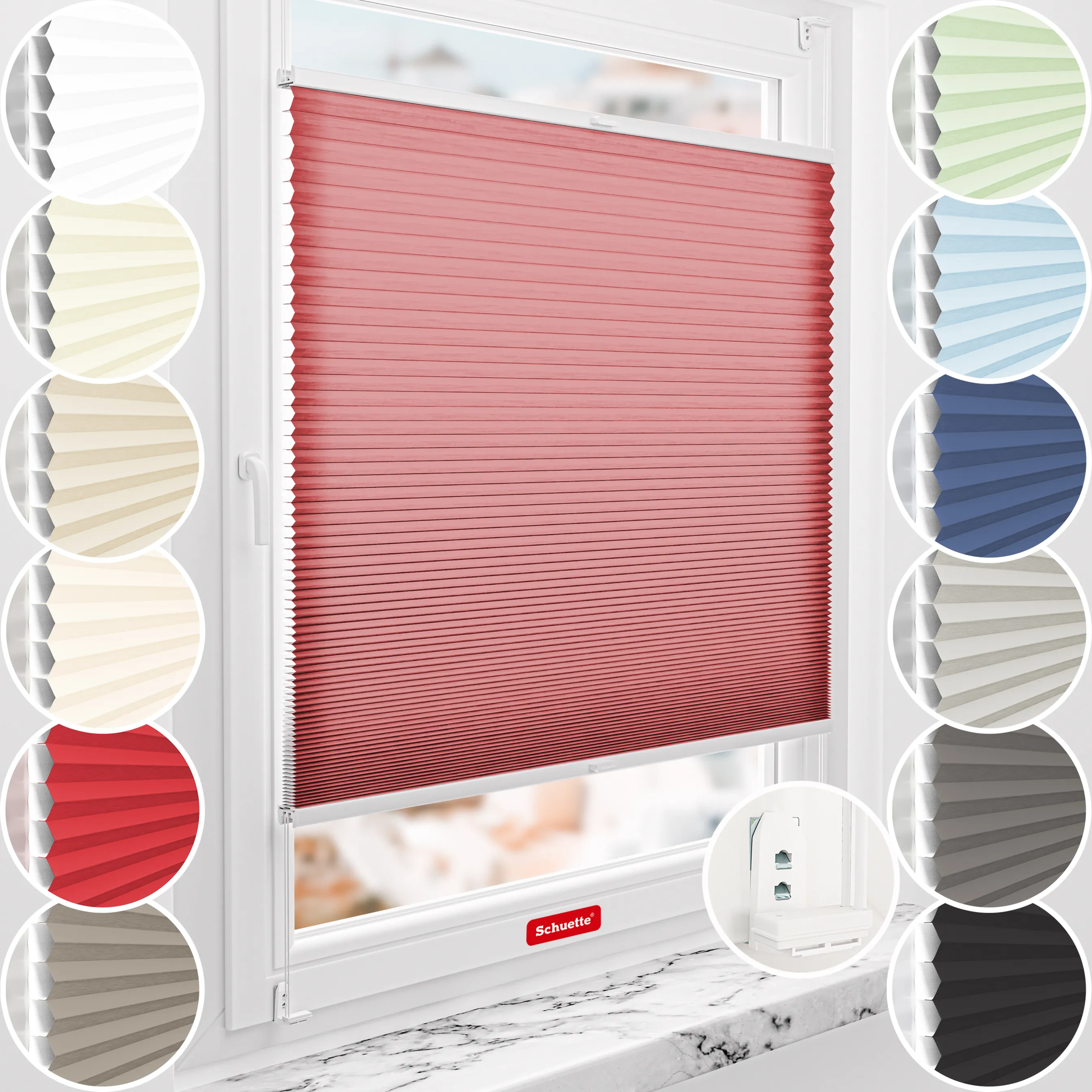 Schuette® Wabenplissee mit Bohren nach Maß • Suprafix "Double 2in1" Schraub- & Klemmhalter • Thermo x Honey Kollektion: Cherrished (Rot) • Profilfarbe: Braun