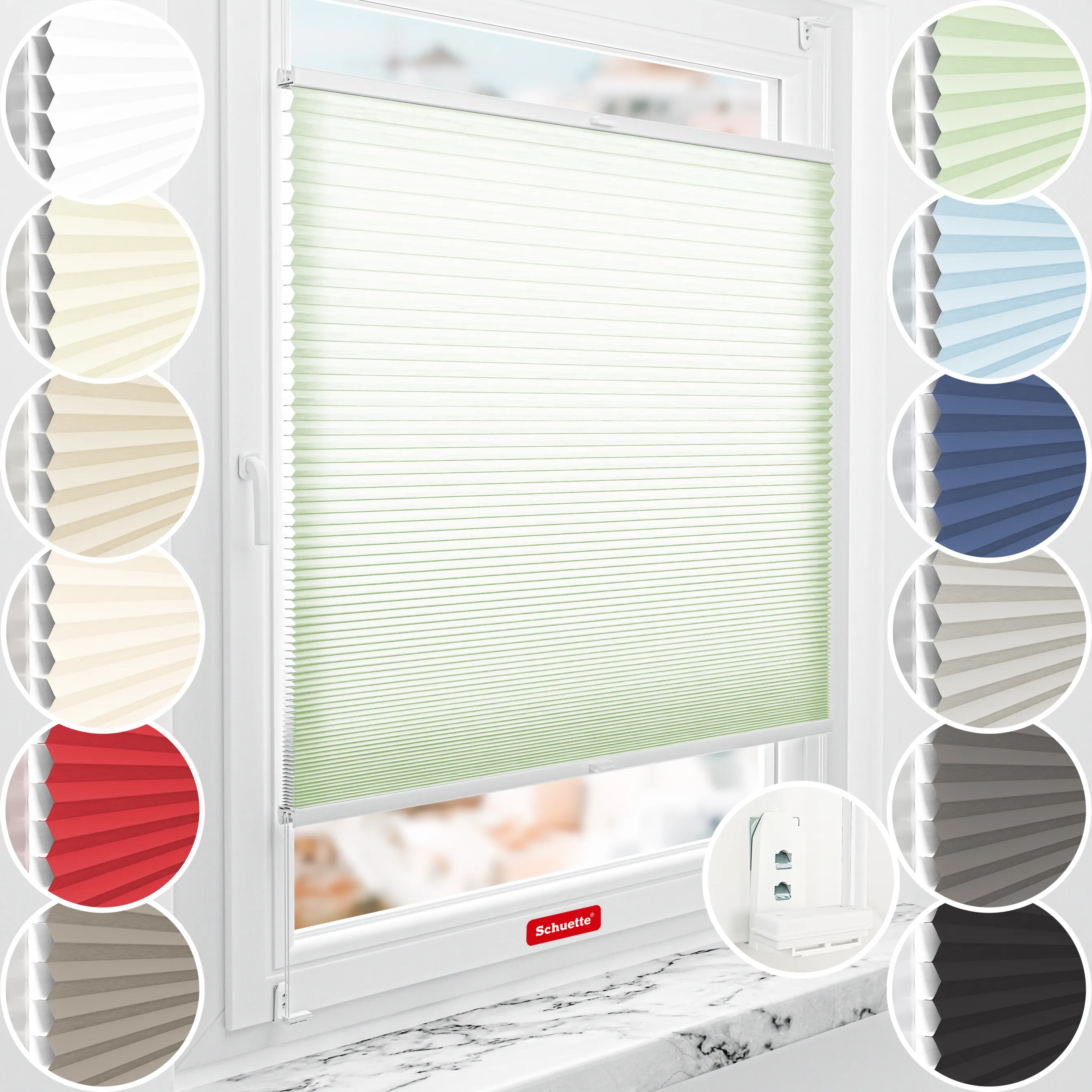 Schuette® Wabenplissee mit Bohren nach Maß • Suprafix "Double 2in1" Schraub- & Klemmhalter • Thermo x Honey Kollektion: Let’s Matcha! (Pastellgrün) • Profilfarbe: Anthrazit