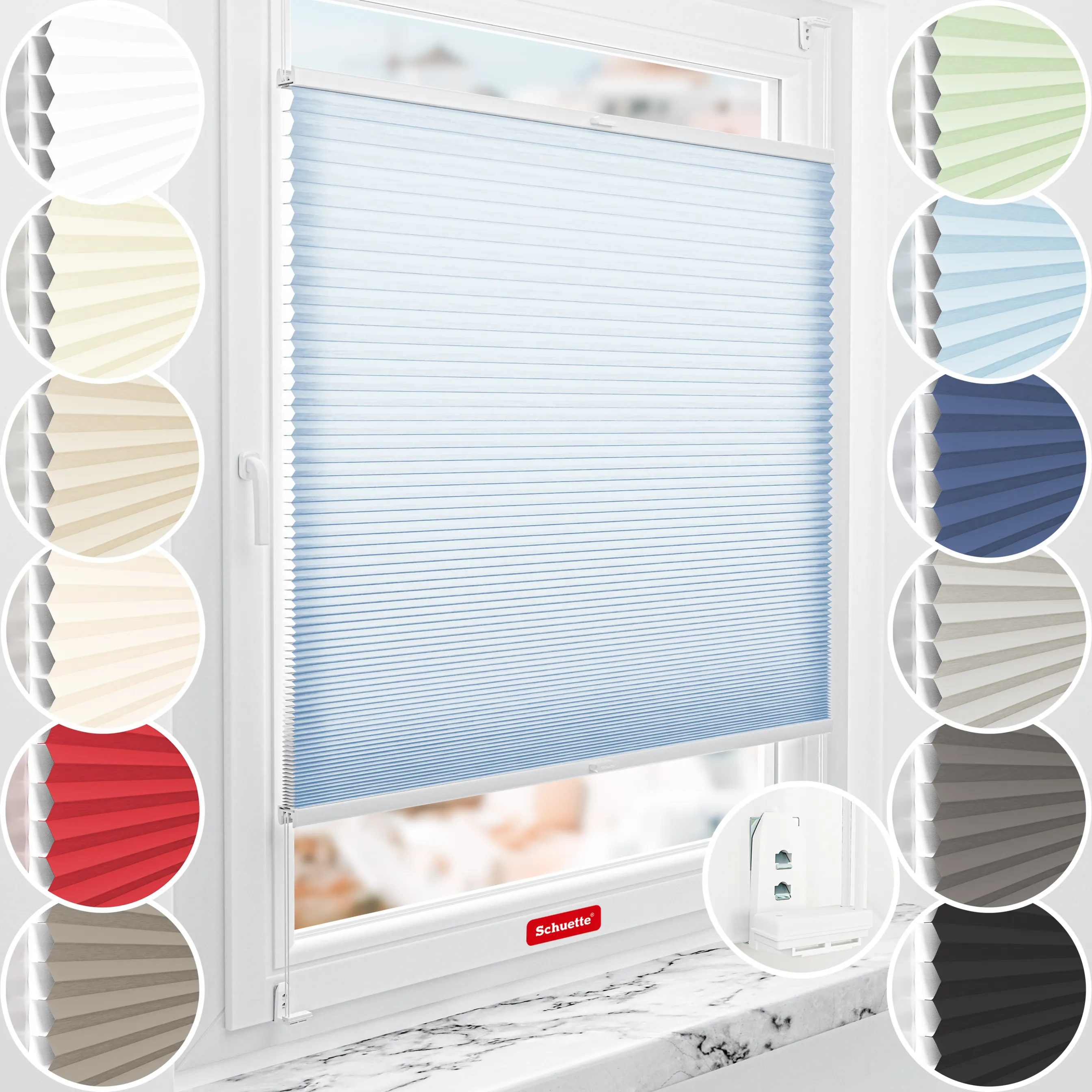 Schuette® Wabenplissee mit Bohren nach Maß • Suprafix "Double 2in1" Schraub- & Klemmhalter • Thermo x Honey Kollektion: Ice Pop (Hellblau) • Profilfarbe: Weiß