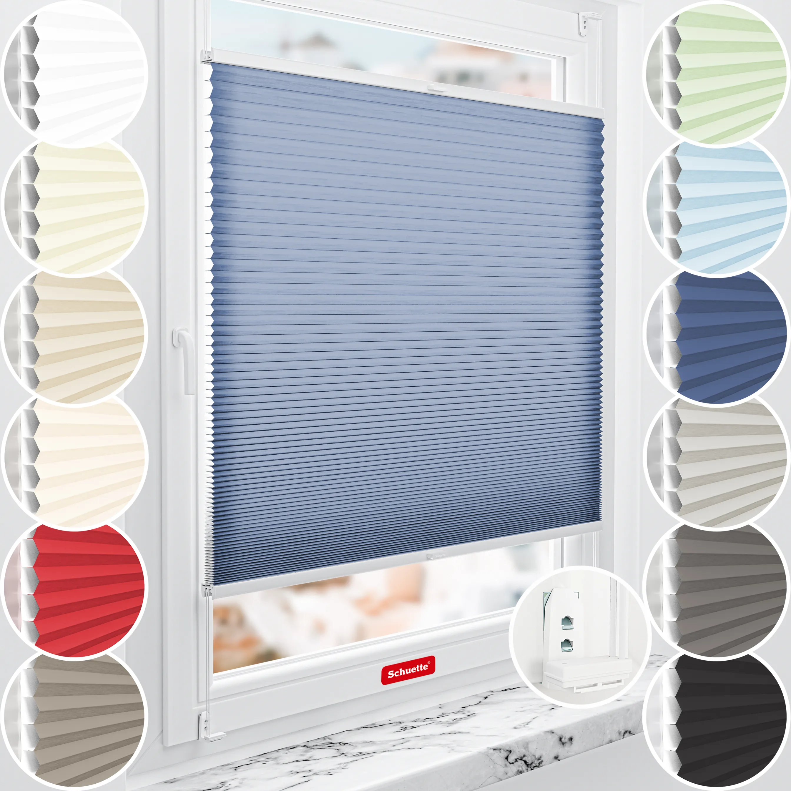 Schuette® Wabenplissee mit Bohren nach Maß • Suprafix "Double 2in1" Schraub- & Klemmhalter • Thermo x Honey Kollektion: Blue Velvet (Blau) • Profilfarbe: Eiche