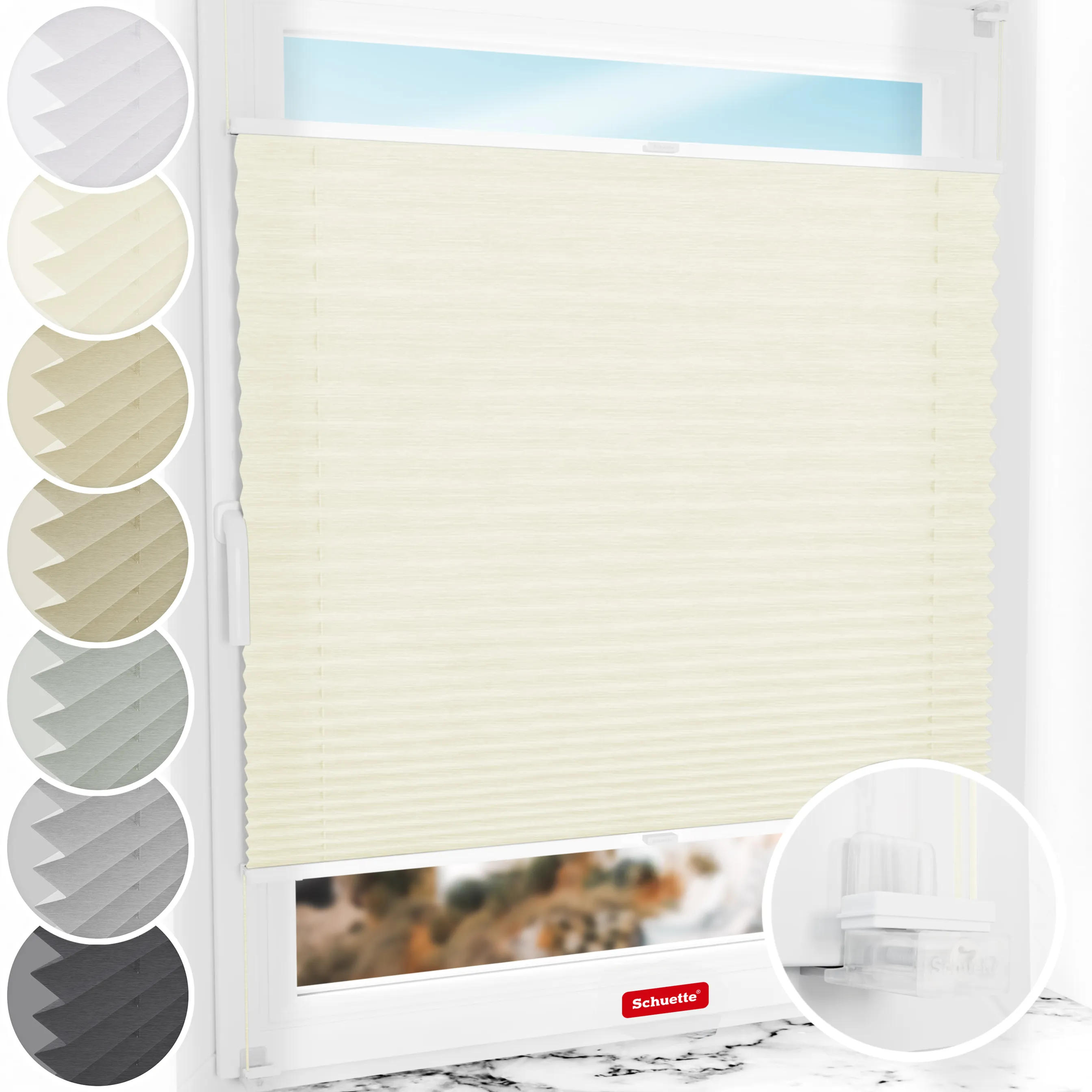 Schuette® Plissee ohne Bohren nach Maß • Suprafix Klemmhalter “Incognito X" • Dolomite Kollektion: Vanilla Sky (Beige) • Profilfarbe: Weiß