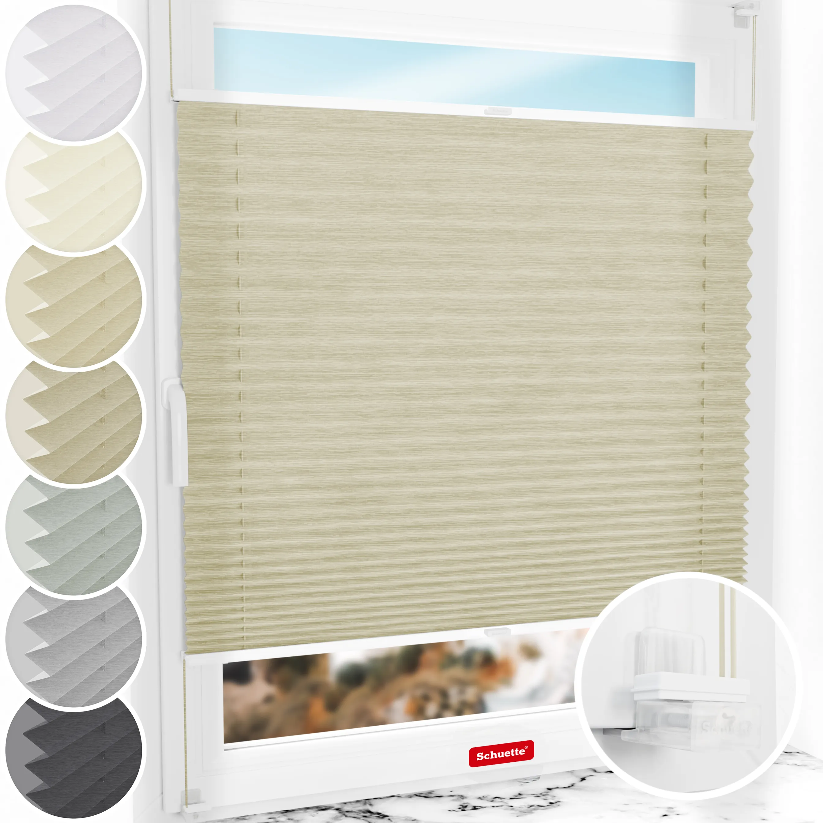 Schuette® Plissee ohne Bohren nach Maß • Suprafix Klemmhalter “Incognito X" • Dolomite Kollektion: Light Coffee (Beige) • Profilfarbe: Weiß