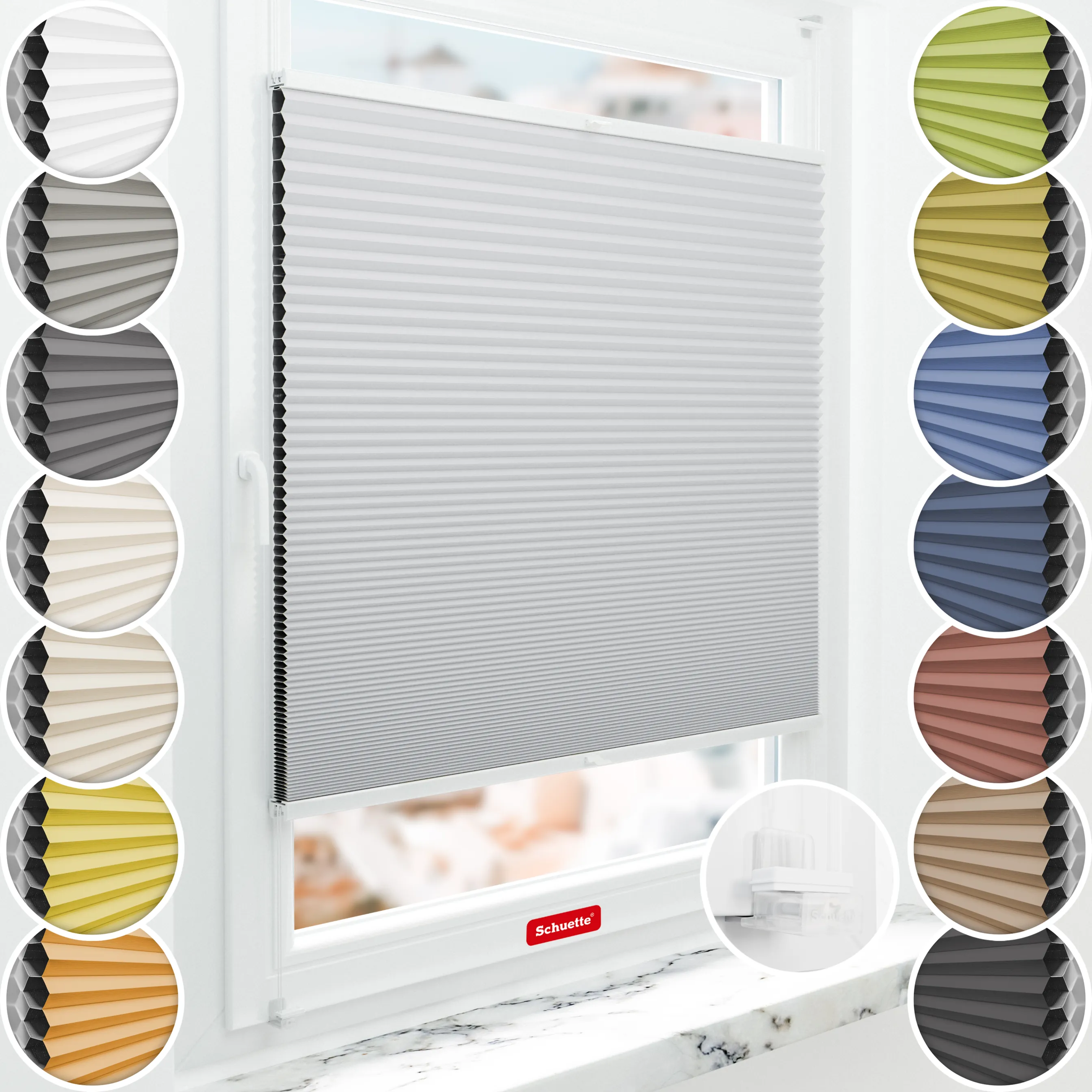 Schuette® Wabenplissee ohne Bohren nach Maß • Suprafix Klemmhalter “Incognito X" • Honey Kollektion: Skyfall (Hellgrau) • Profilfarbe: Weiß