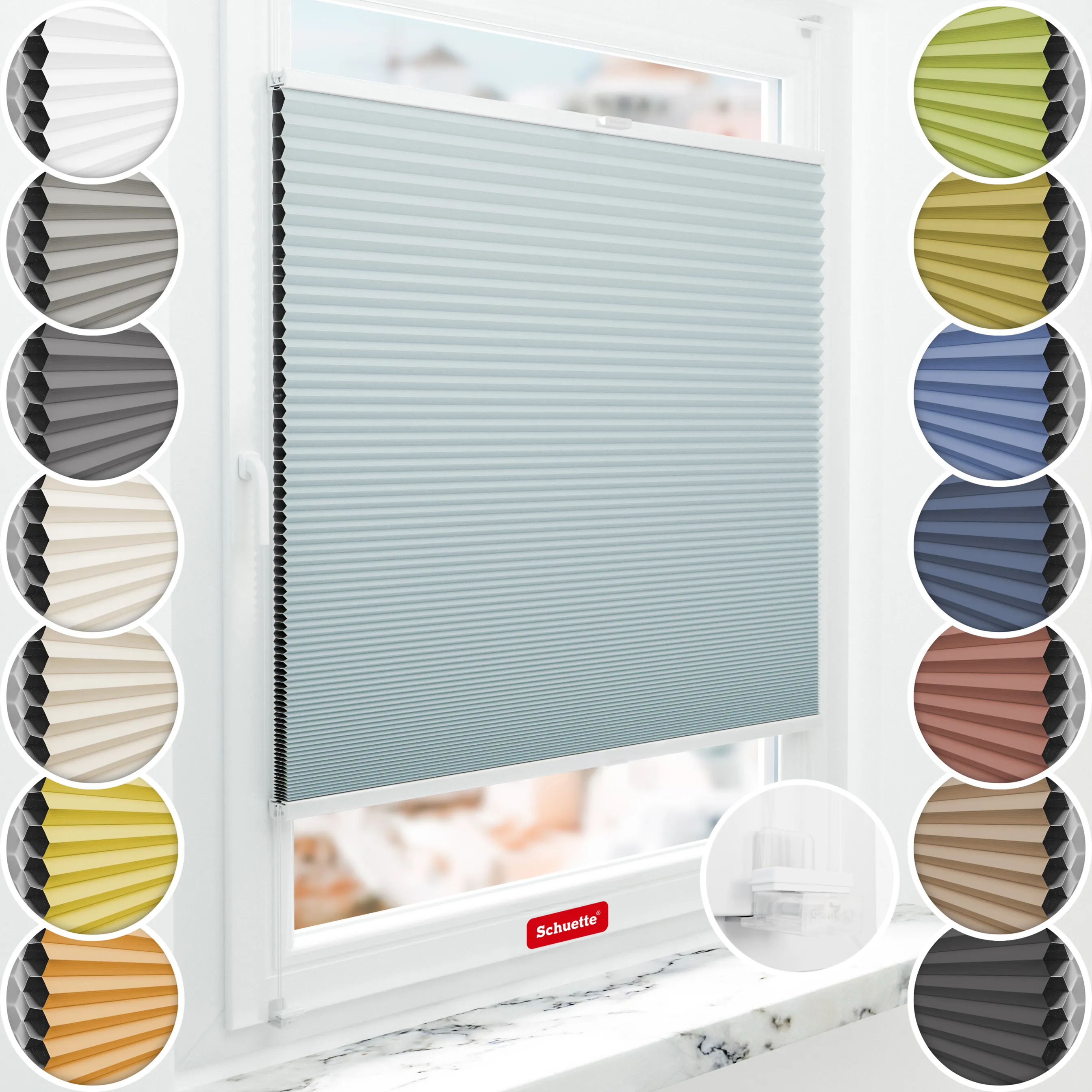 Schuette® Wabenplissee ohne Bohren nach Maß • Suprafix Klemmhalter “Incognito X" • Honey Kollektion: Cloud Nine (Pastellblau) • Profilfarbe: Weiß