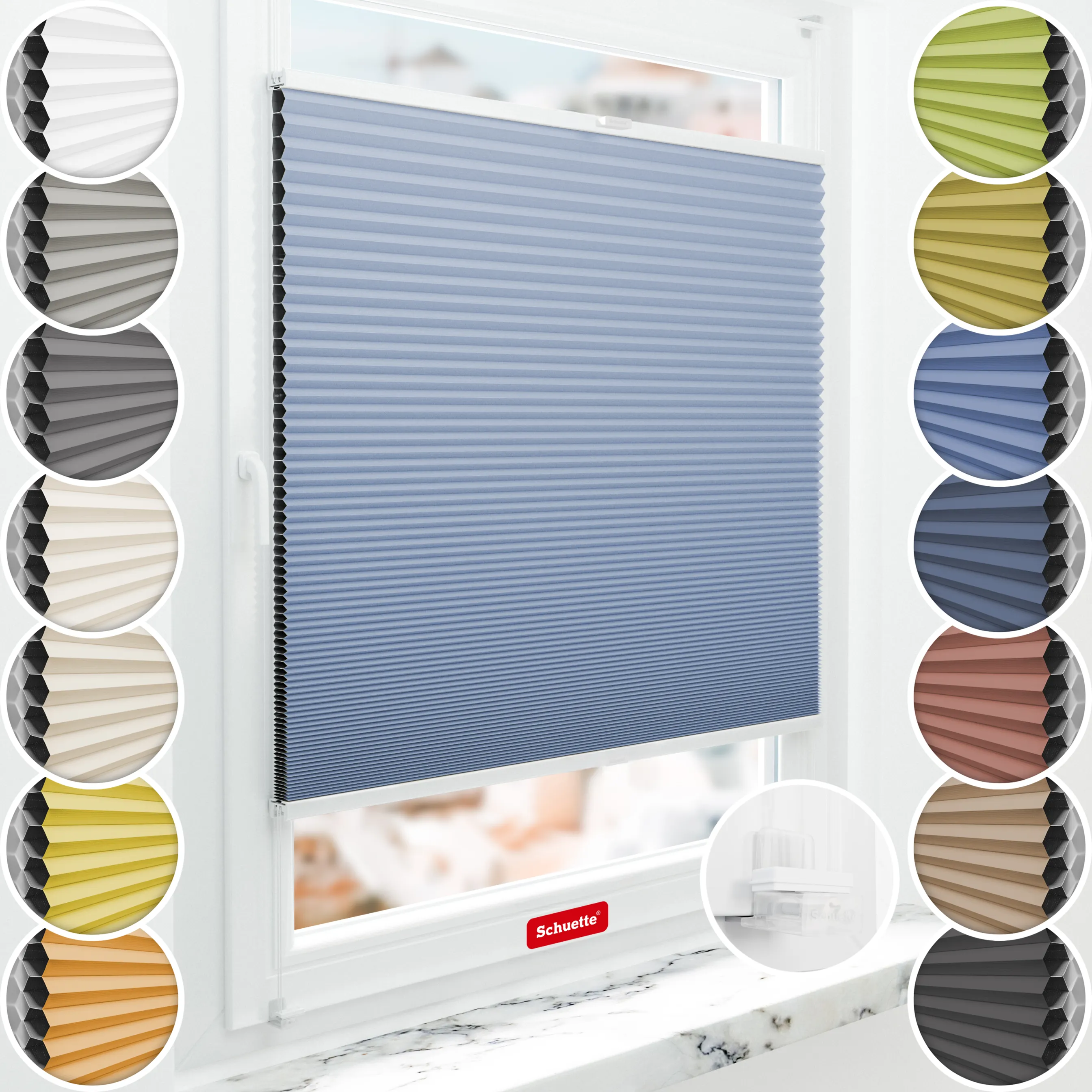 Schuette® Wabenplissee ohne Bohren nach Maß • Suprafix Klemmhalter “Incognito X" • Honey Kollektion: Ocean Drive (Hellblau) • Profilfarbe: Weiß