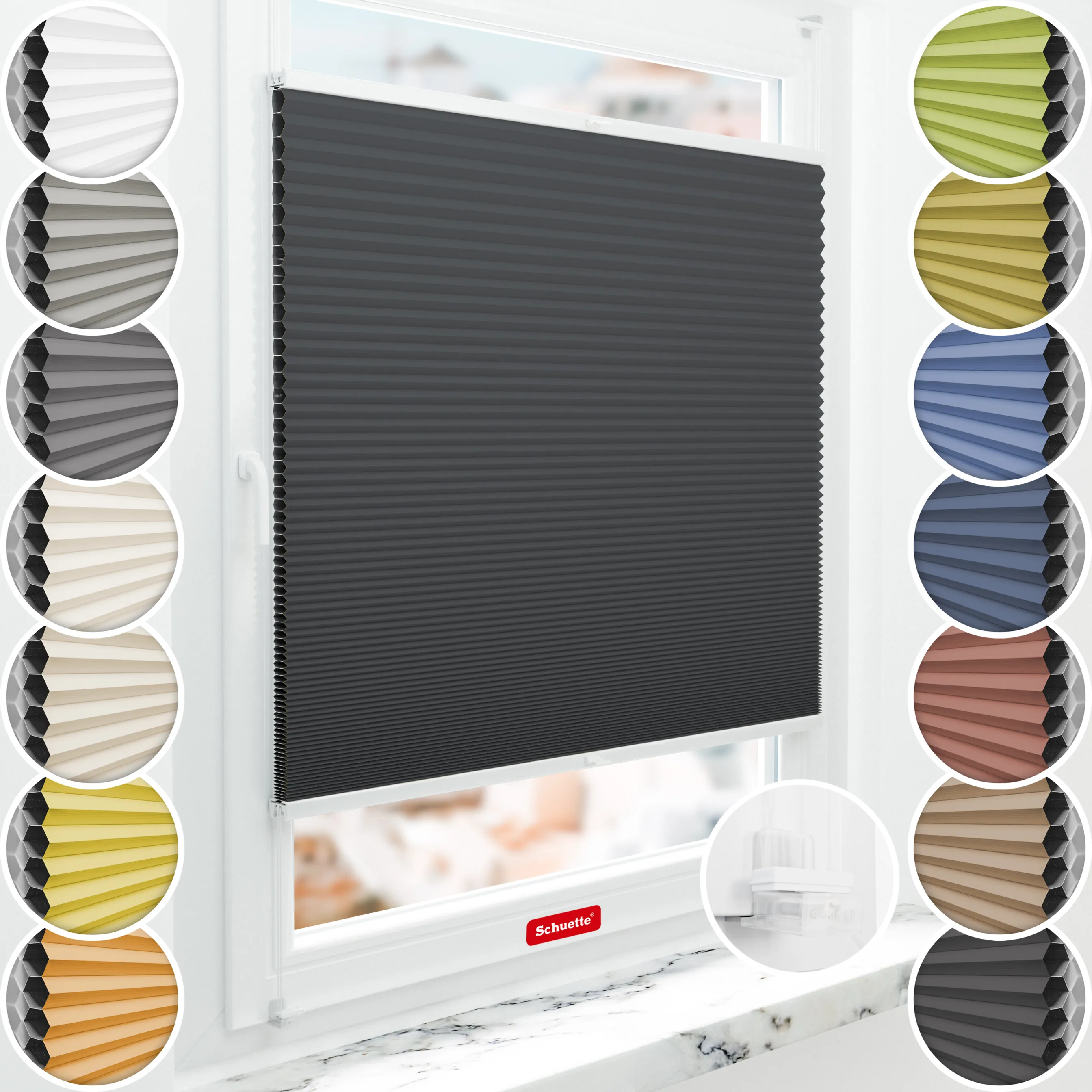 Schuette® Wabenplissee ohne Bohren nach Maß • Suprafix Klemmhalter “Incognito X" • Honey Kollektion: Night Rider (Anthrazit) • Profilfarbe: Weiß