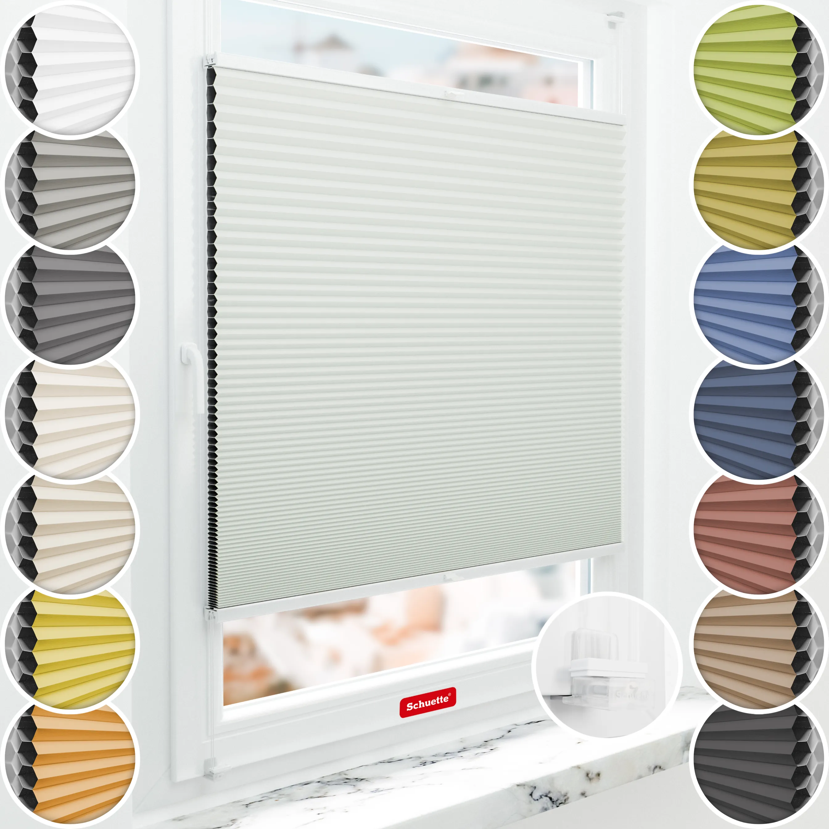 Schuette® Wabenplissee ohne Bohren nach Maß • Suprafix Klemmhalter “Incognito X" • Honey Kollektion: Tinkerbell Twinkle (Pastellgrün) • Profilfarbe: Weiß