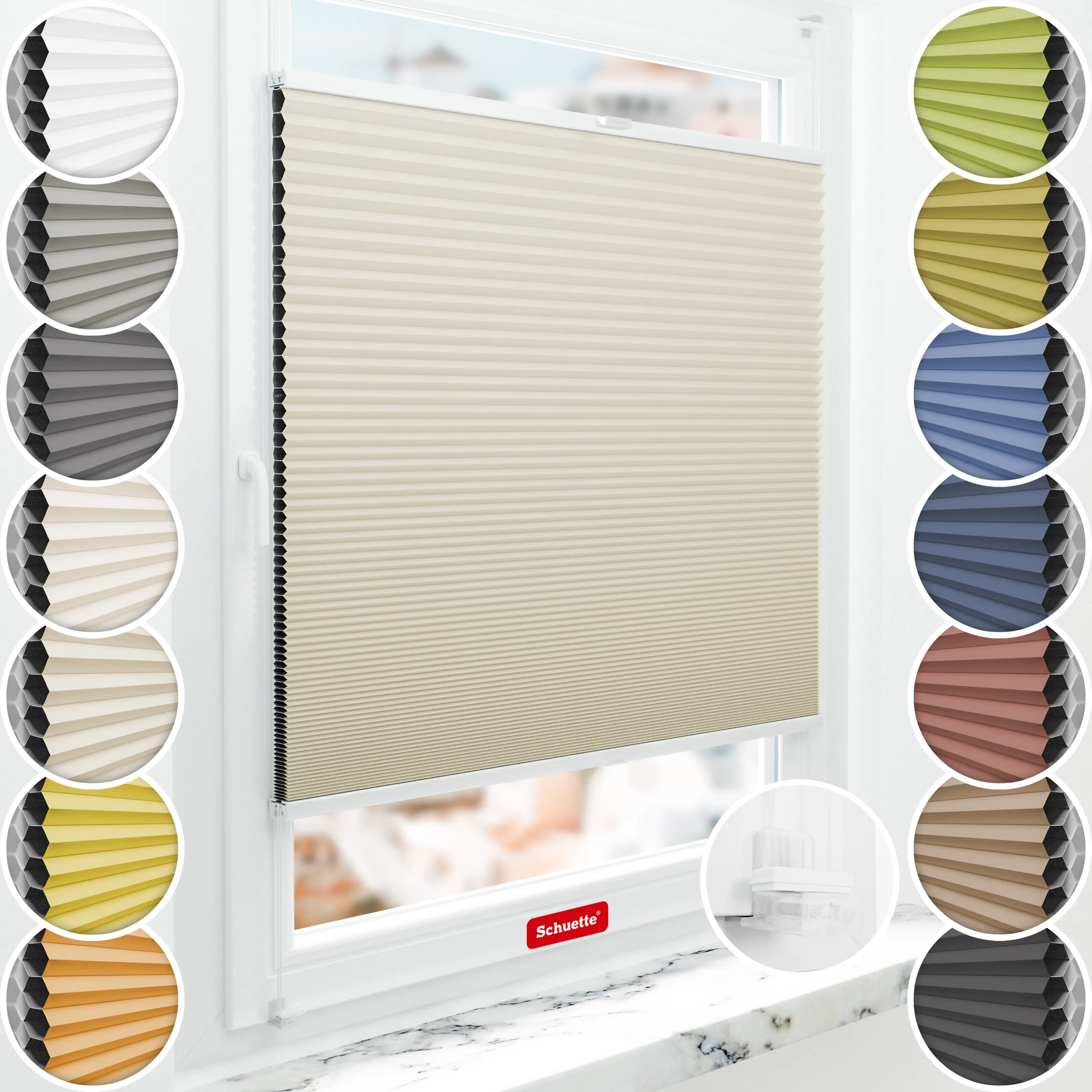 Schuette® Wabenplissee ohne Bohren nach Maß • Suprafix Klemmhalter “Incognito X" • Honey Kollektion: Belgian Waffle (Creme) • Profilfarbe: Weiß