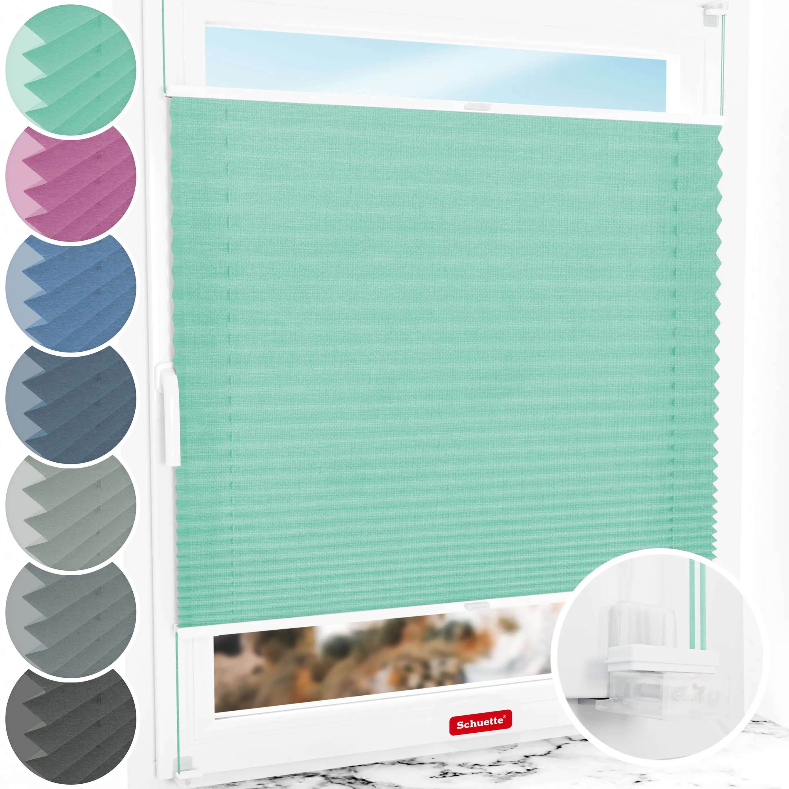 Schuette® Plissee ohne Bohren nach Maß • Suprafix Klemmhalter “Incognito X" • Melange Kollektion: Mint Ice Cream (Grün) • Profilfarbe: Weiß