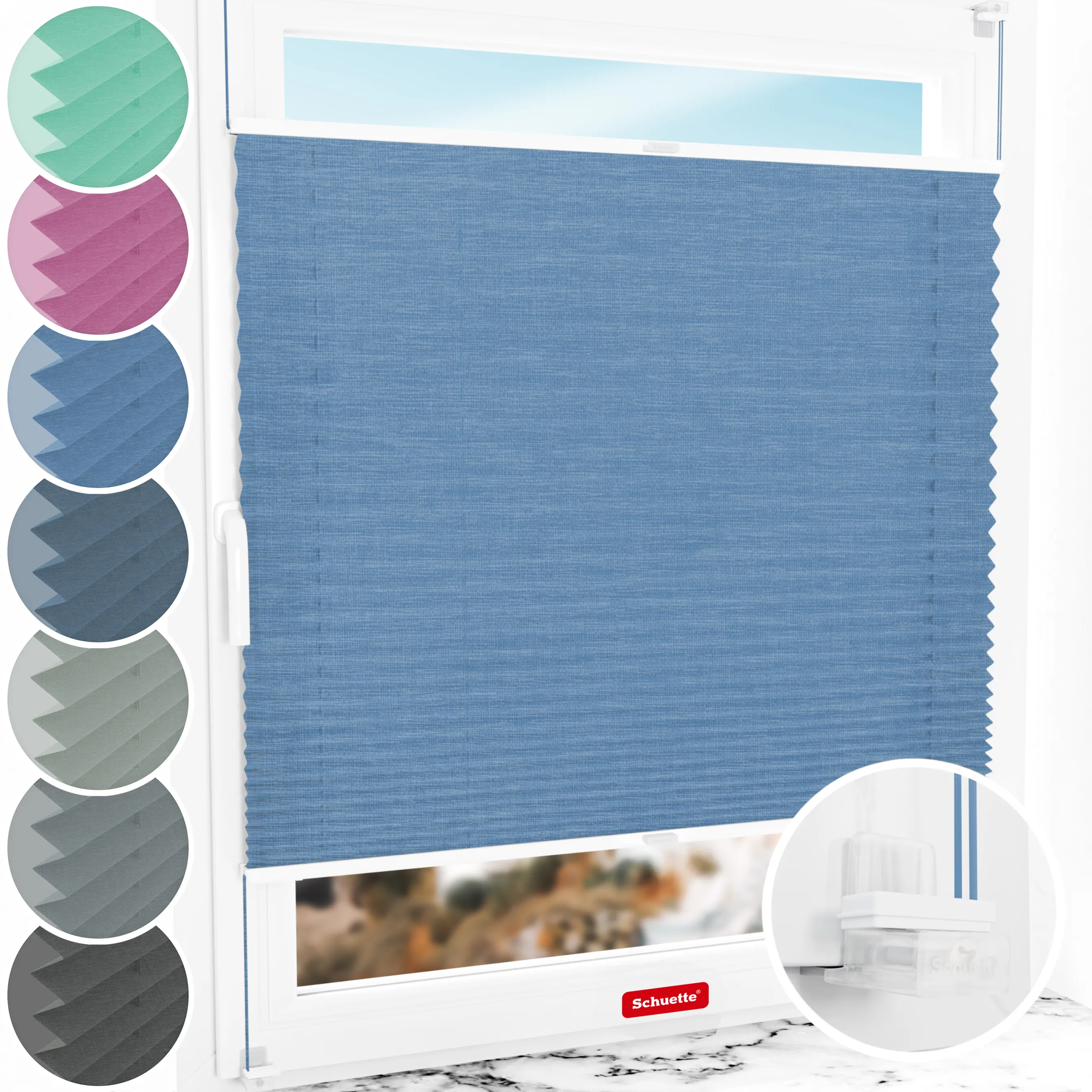 Schuette® Plissee ohne Bohren nach Maß • Suprafix Klemmhalter “Incognito X" • Melange Kollektion: Deep Sea (Blau) • Profilfarbe: Weiß