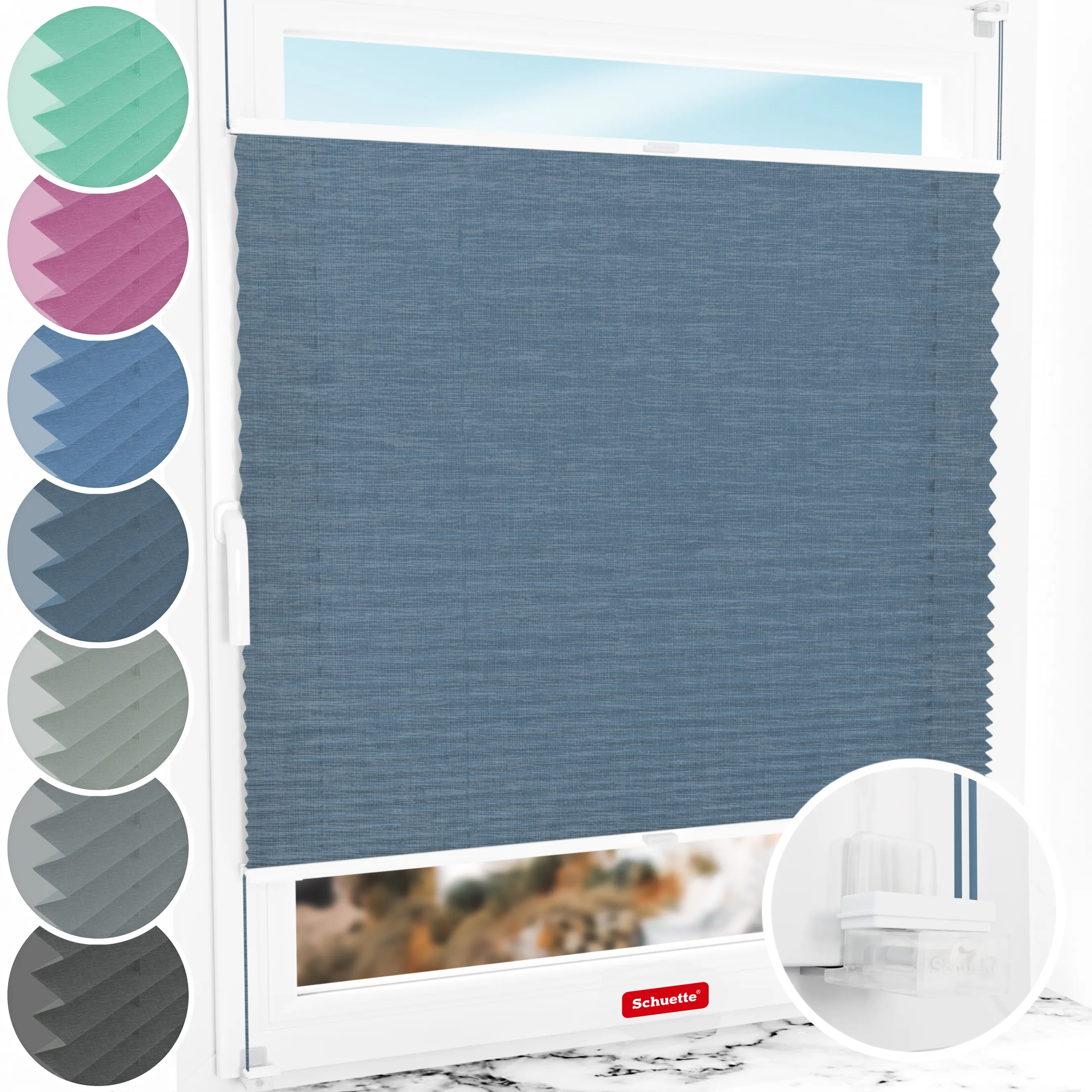 Schuette® Plissee ohne Bohren nach Maß • Suprafix Klemmhalter “Incognito X" • Melange Kollektion: After Rain (Blau) • Profilfarbe: Weiß