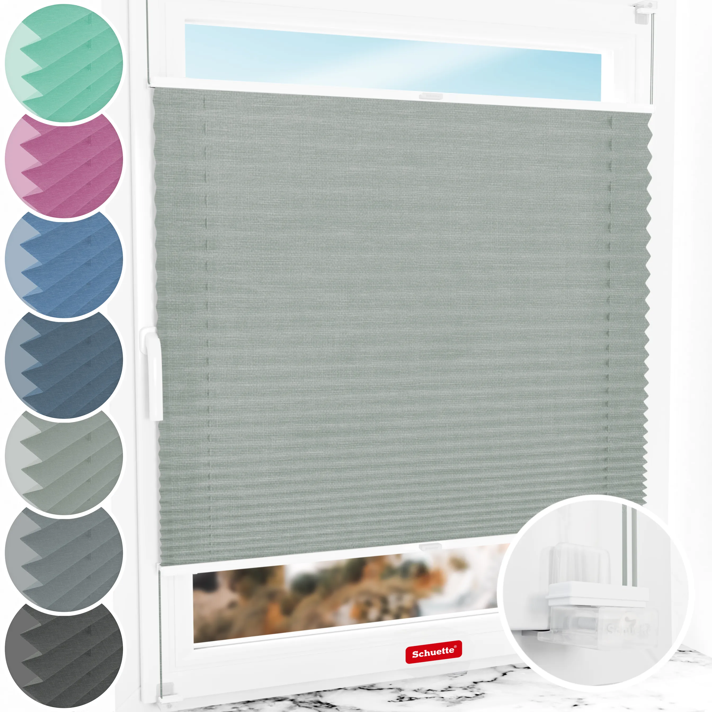 Schuette® Plissee ohne Bohren nach Maß • Suprafix Klemmhalter “Incognito X" • Melange Kollektion: On The Road (Grau) • Profilfarbe: Weiß