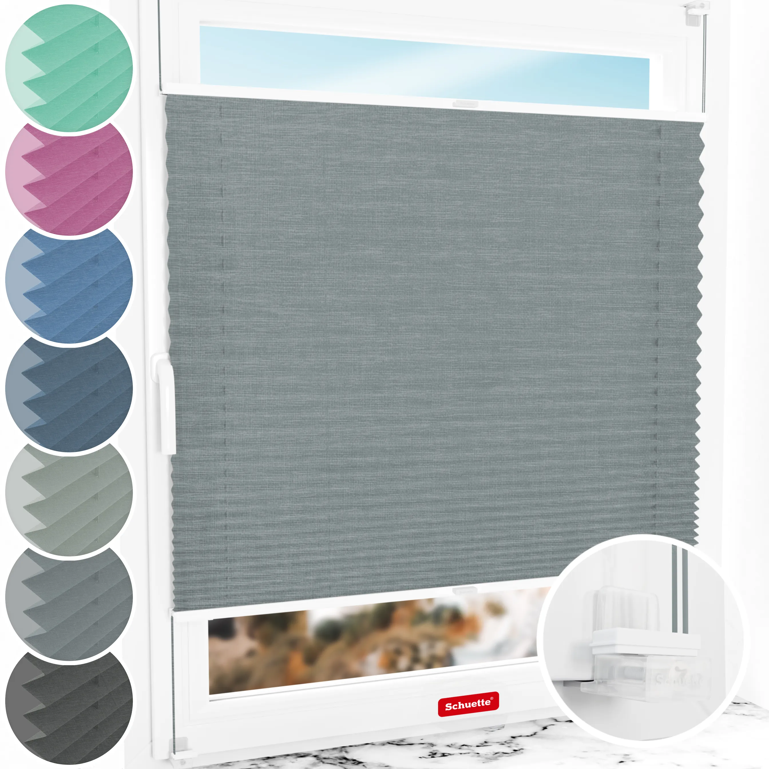 Schuette® Plissee ohne Bohren nach Maß • Suprafix Klemmhalter “Incognito X" • Melange Kollektion: Rocky Mountain (Grau) • Profilfarbe: Weiß