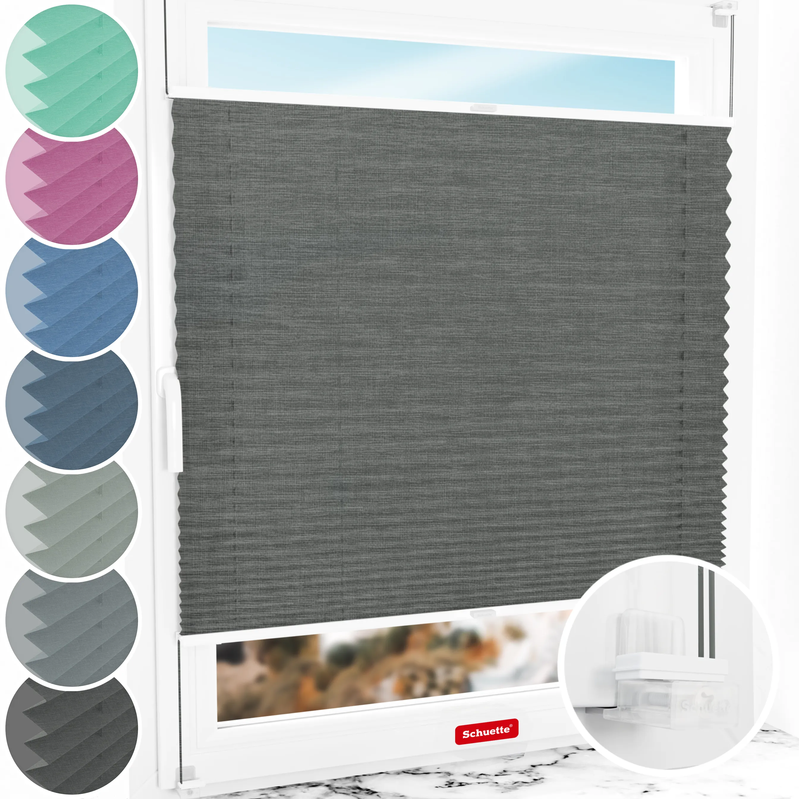 Schuette® Plissee ohne Bohren nach Maß • Suprafix Klemmhalter “Incognito X" • Melange Kollektion: Black Pearl (Schwarz) • Profilfarbe: Weiß