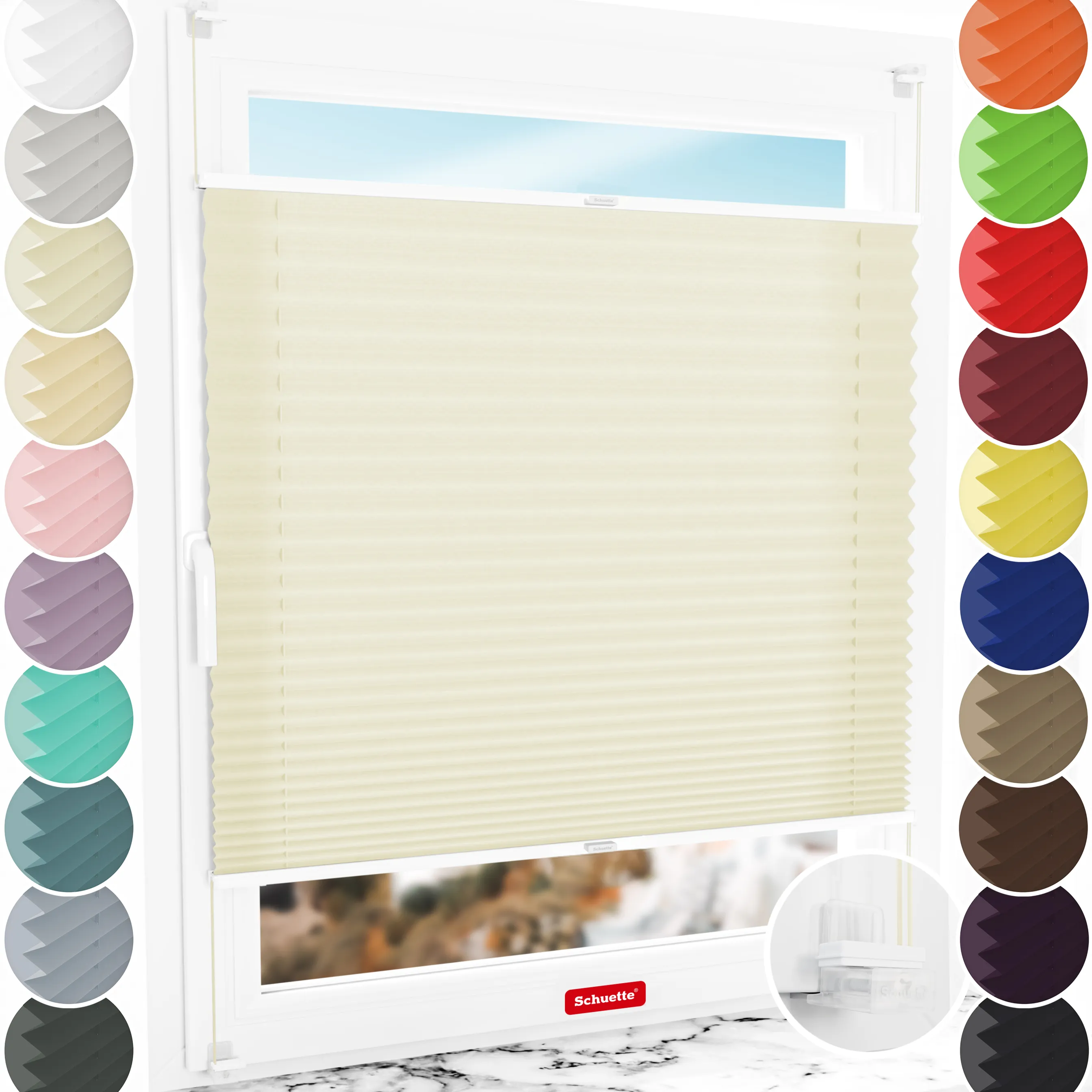 Schuette® Plissee ohne Bohren nach Maß • Suprafix Klemmhalter “Incognito X" • Premium Kollektion: Vanilla Ice Cream (Creme) • Profilfarbe: Weiß