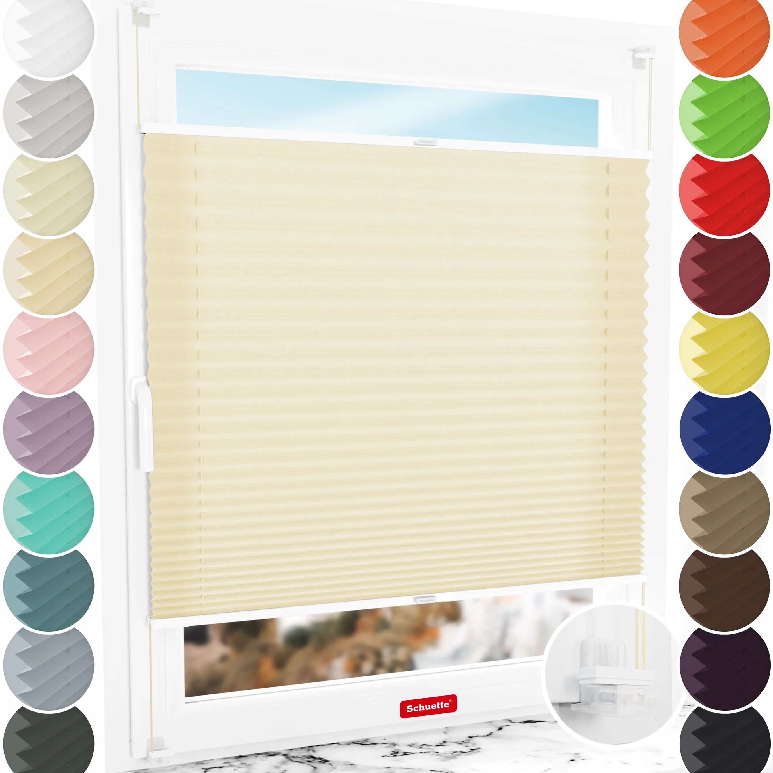 Schuette® Plissee ohne Bohren nach Maß • Suprafix Klemmhalter “Incognito X" • Premium Kollektion: Sahara's Sand • Profilfarbe: Weiß