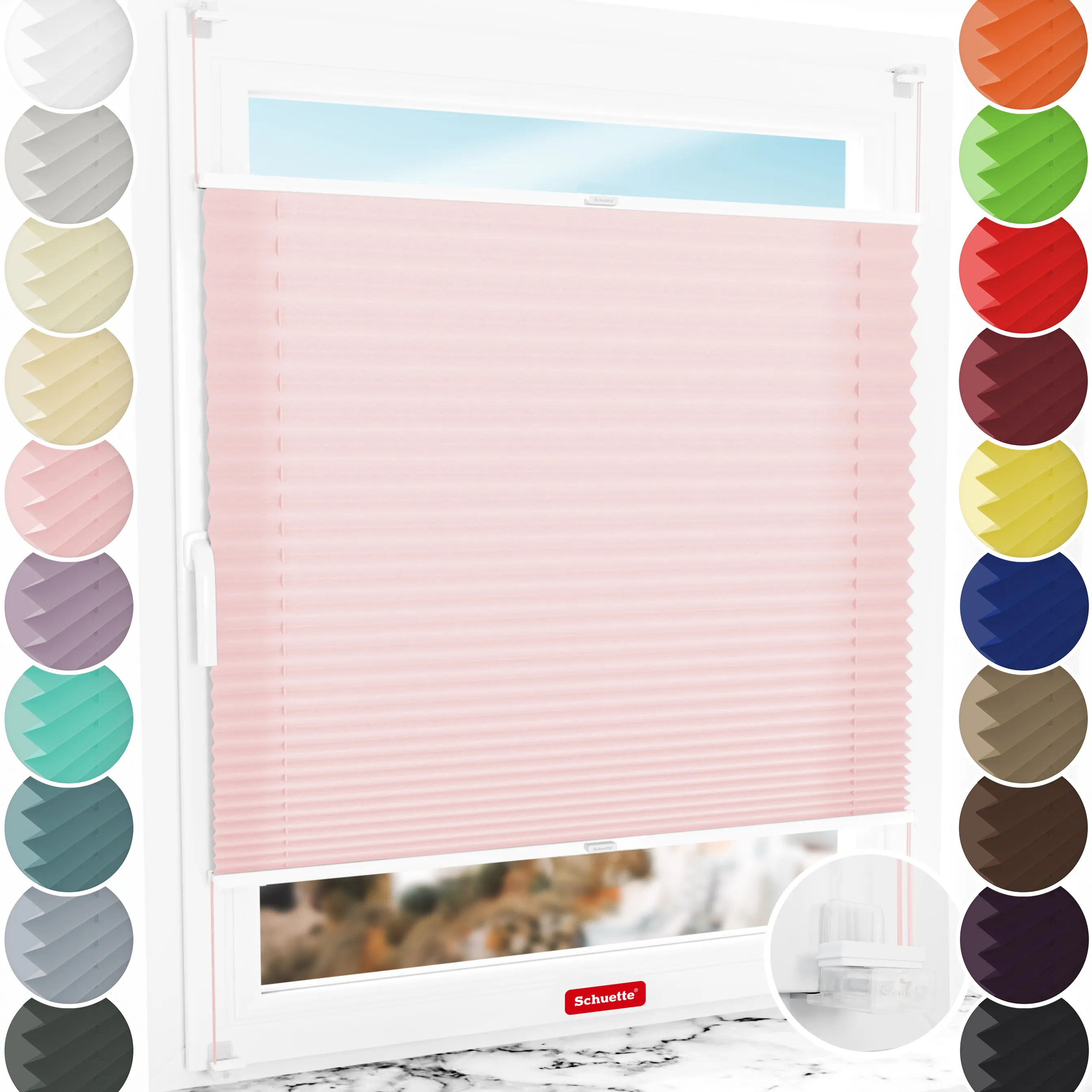 Schuette® Plissee ohne Bohren nach Maß • Suprafix Klemmhalter “Incognito X" • Premium Kollektion: Powdered Rose (Rosa) • Profilfarbe: Weiß