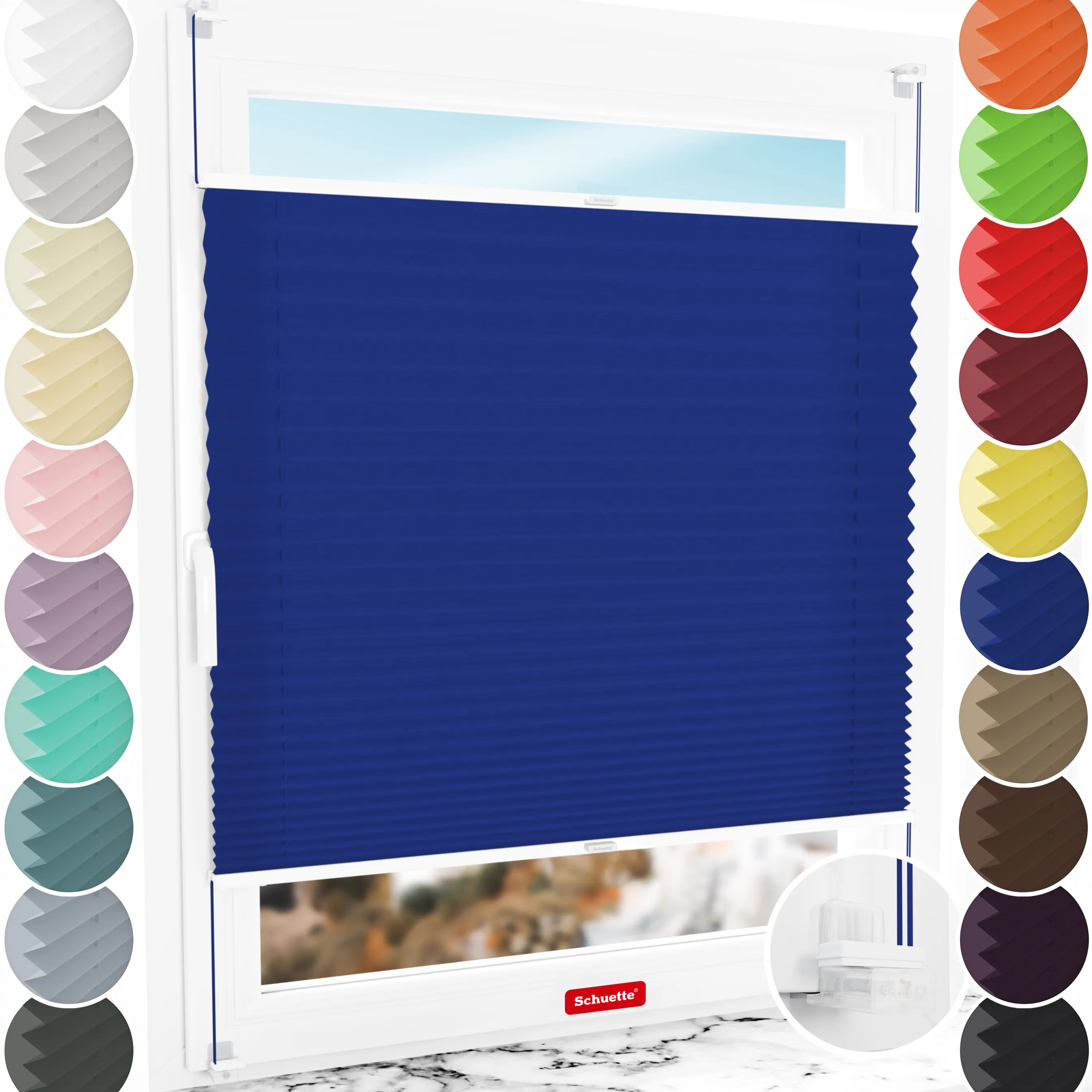 Schuette® Plissee ohne Bohren nach Maß • Suprafix Klemmhalter “Incognito X" • Premium Kollektion: Deep Lagoon (Blau) • Profilfarbe: Weiß
