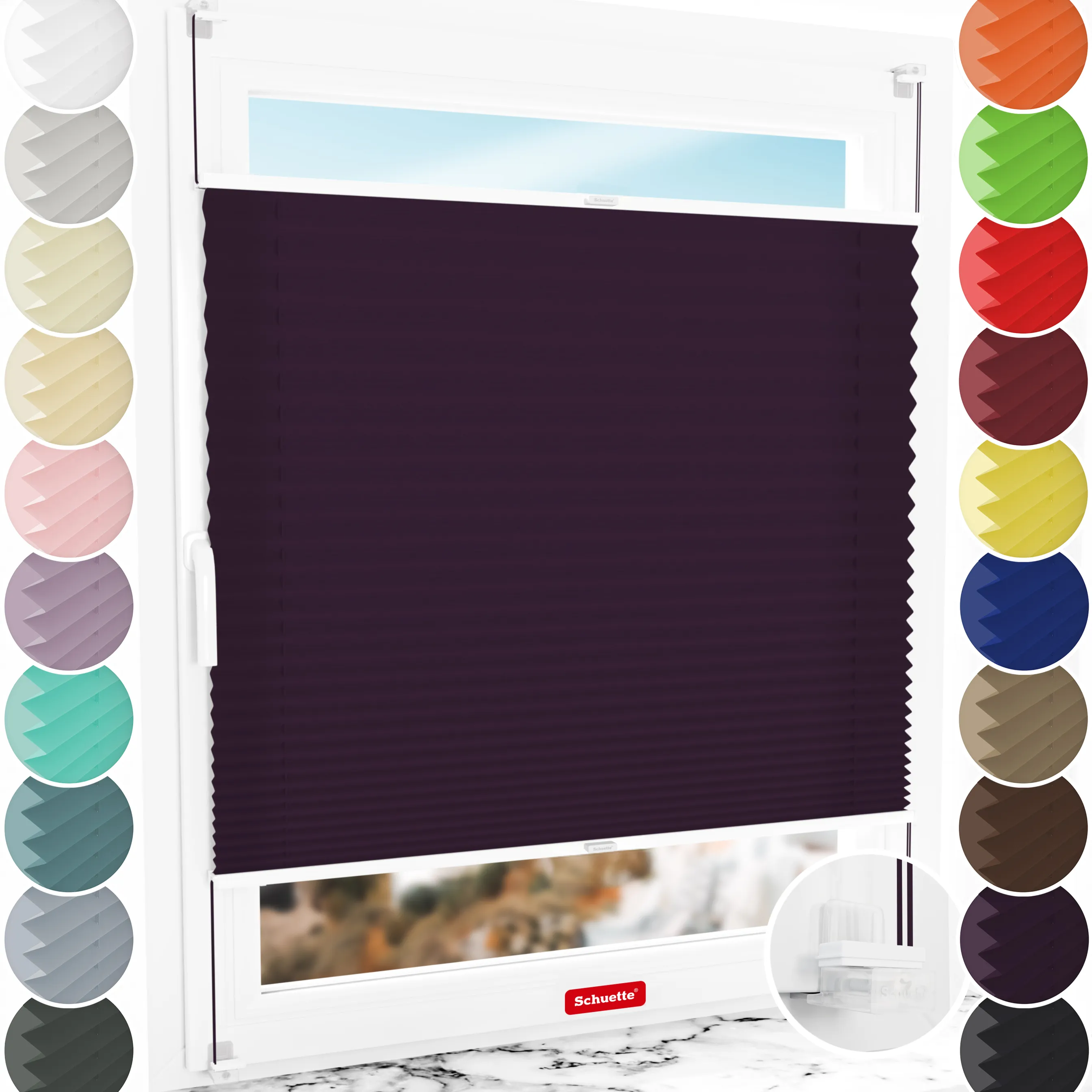 Schuette® Plissee ohne Bohren nach Maß • Suprafix Klemmhalter “Incognito X" • Premium Kollektion: Midnight Muse (Violet) • Profilfarbe: Weiß