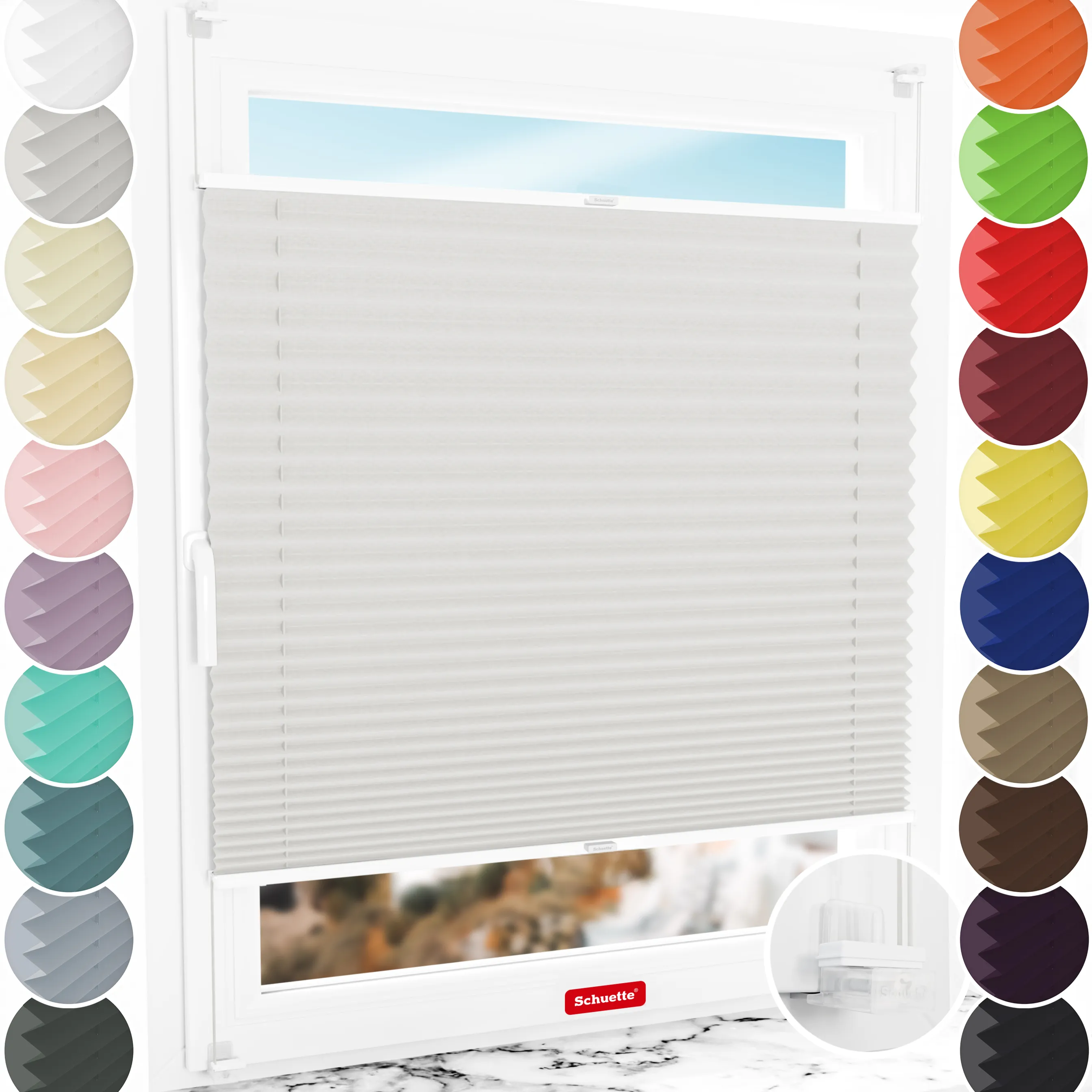 Schuette® Plissee ohne Bohren nach Maß • Suprafix Klemmhalter “Incognito X" • Thermo Kollektion: Spring Cloud (Grau) • Profilfarbe: Weiß