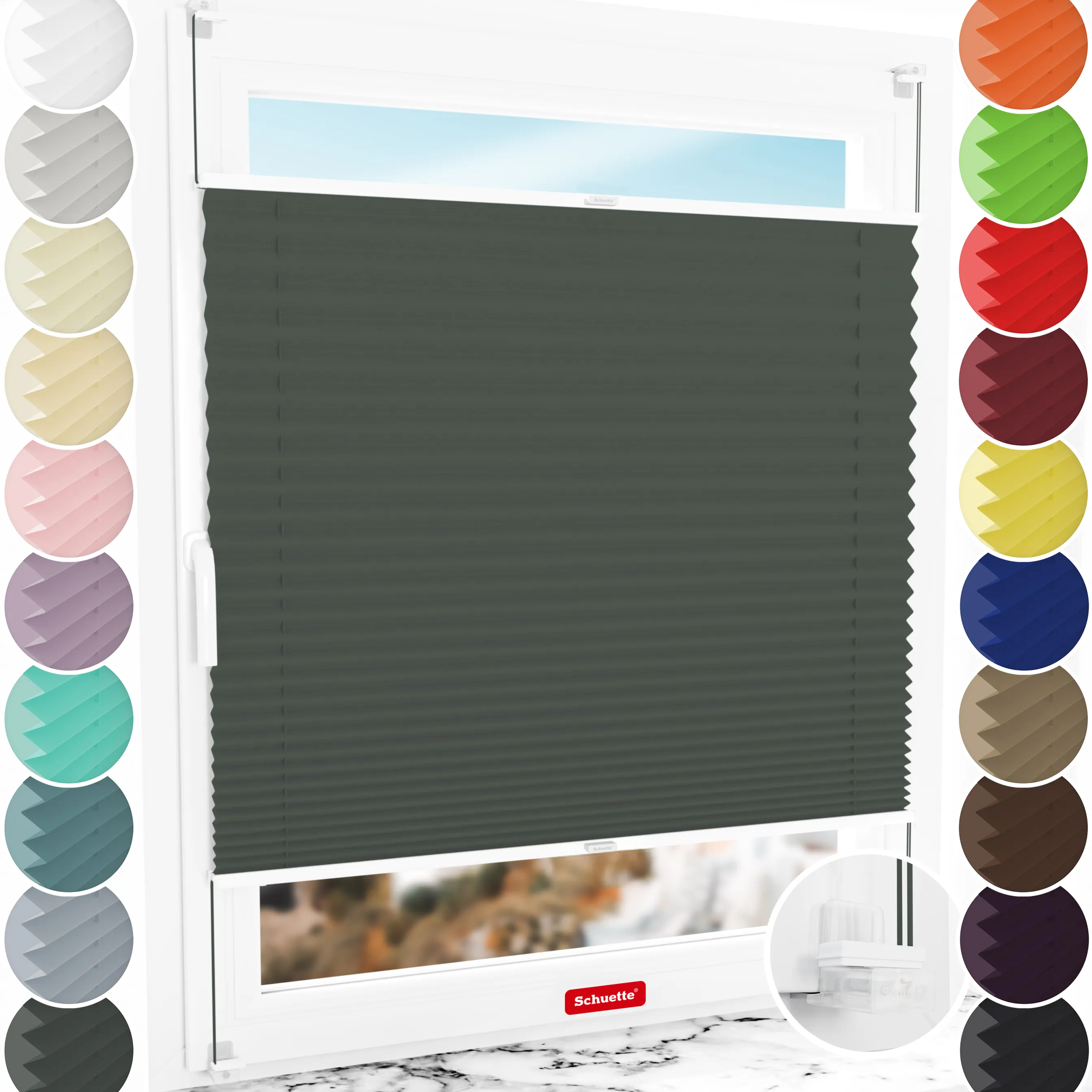 Schuette® Plissee ohne Bohren nach Maß • Suprafix Klemmhalter “Incognito X" • Thermo Kollektion: Before Storm (Grau) • Profilfarbe: Weiß