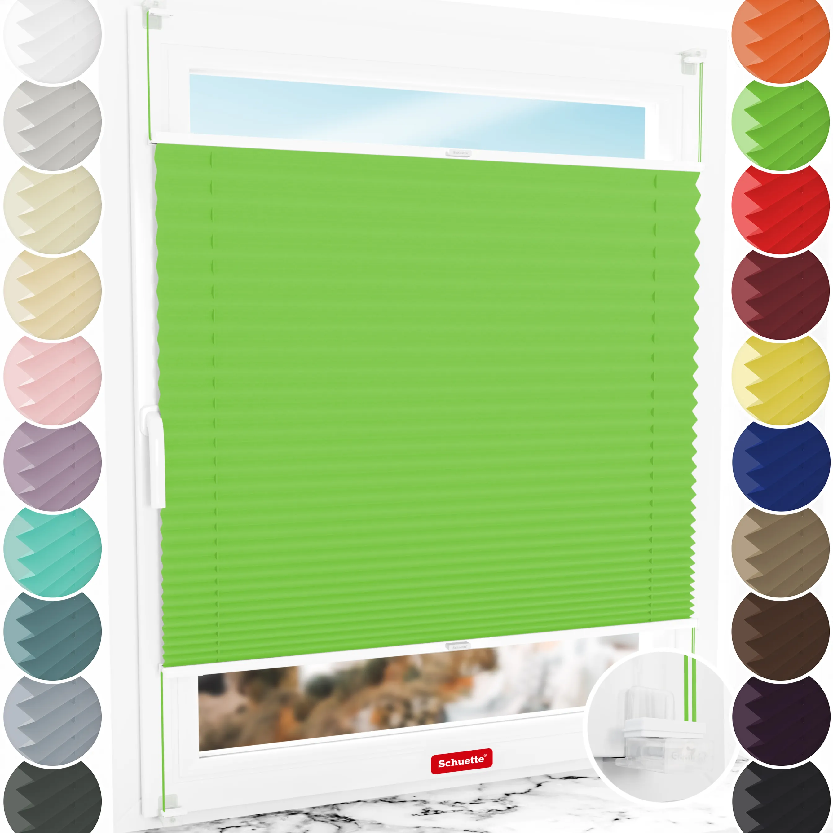 Schuette® Plissee ohne Bohren nach Maß • Suprafix Klemmhalter “Incognito X" • Thermo Kollektion: Leaf Joy (Grün) • Profilfarbe: Weiß