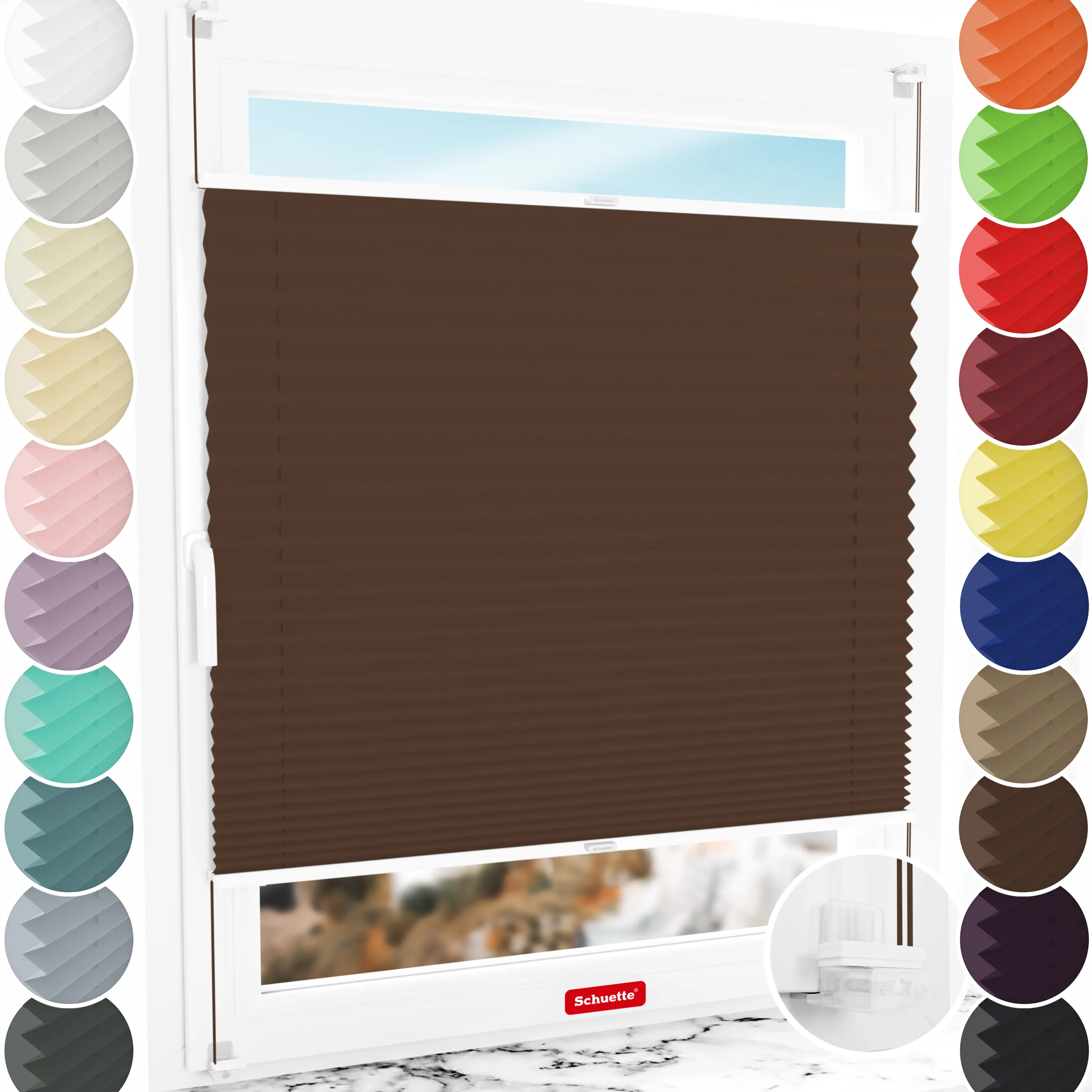 Schuette® Plissee ohne Bohren nach Maß • Suprafix Klemmhalter “Incognito X" • Thermo Kollektion: Toffee (Dunkelbraun) • Profilfarbe: Weiß